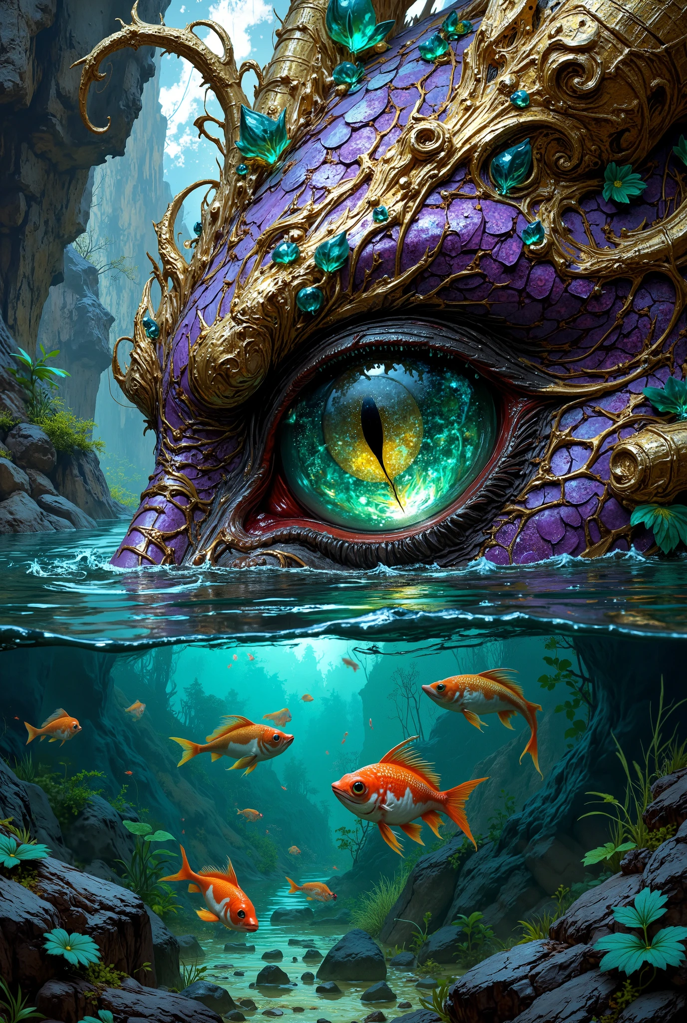 Close-up of the Transparent Eye of a fairy-tale dragon looking into the water at its reflection in the water.The mirrored surface of the water, through which the dragon's eye is visible.Small colorful fish. Seaweed. Narrow pupil.A view from below. From the bottom. Stylization. Intricate details, bright colors, surreal art, fantasy, digital painting, high detail, spectacular lighting, Art Nouveau elements, ornaments, leaves, Purple-gold scales, emerald and yellow accents, mysterious, elegant style of Ingerian art.