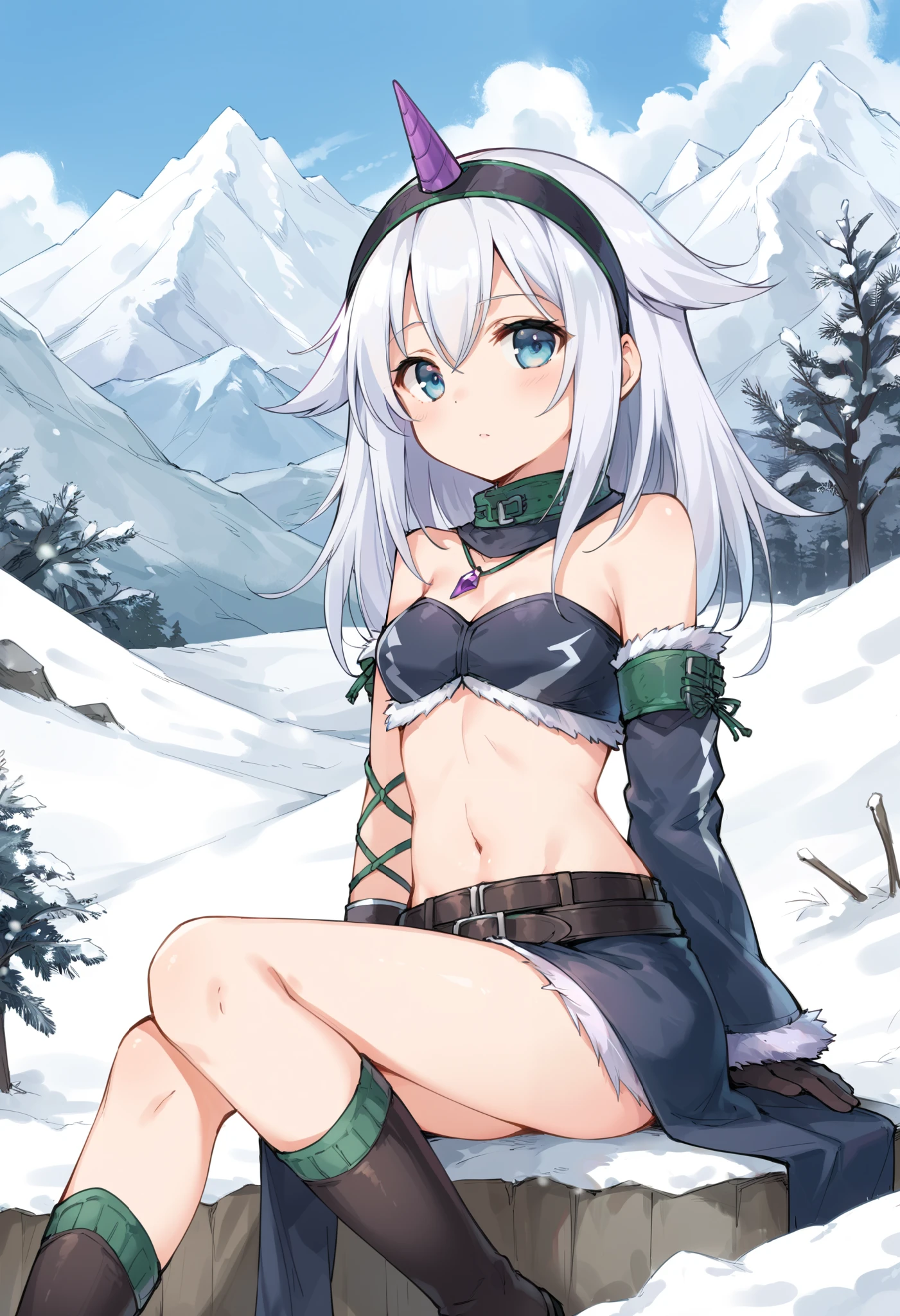 ( score_9:0.9), score_8_up, score_7_up,rating_explicit, anime style,(zPDXL), r armor, purple single horn headband, ung_girl, Alone, long_gloves, black_knee_high , white_long_hair, shaggy_bang,Blue Eyes, snow, under the arm, arms, medium_breasts , black_tubetop,mountain_background,wide_collar, Detachable_long_Sleeves,