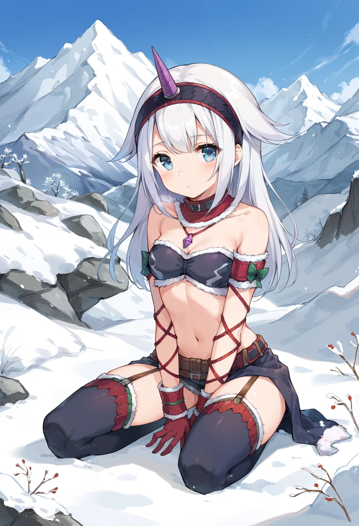 ( score_9:0.9), score_8_up, score_7_up,rating_explicit, anime style,(zPDXL), r armor, purple single horn headband, ung_girl, Alone, long_gloves, black_knee_high , white_long_hair, shaggy_bang,Blue Eyes, snow, under the arm, arms, medium_breasts , black_tubetop,mountain_background,wide_collar, Detachable_long_Sleeves,