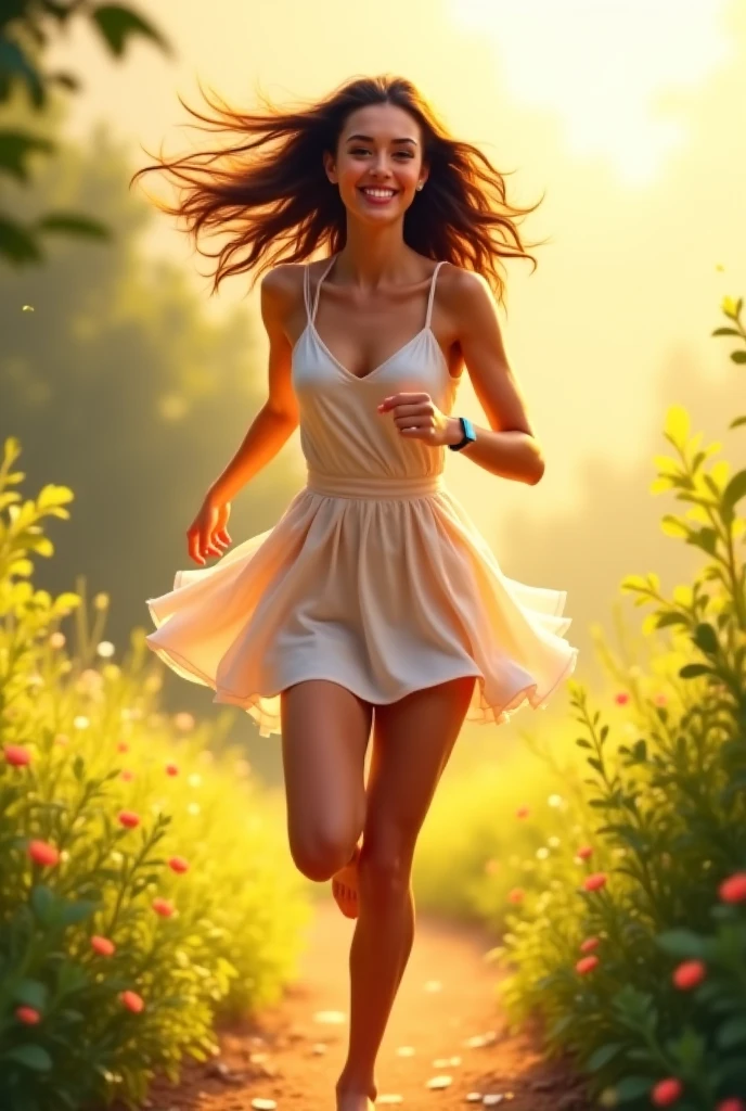 Beautiful girl with wavy long hair, long dress, short hight, big smile, big boob, running through on walkways to me