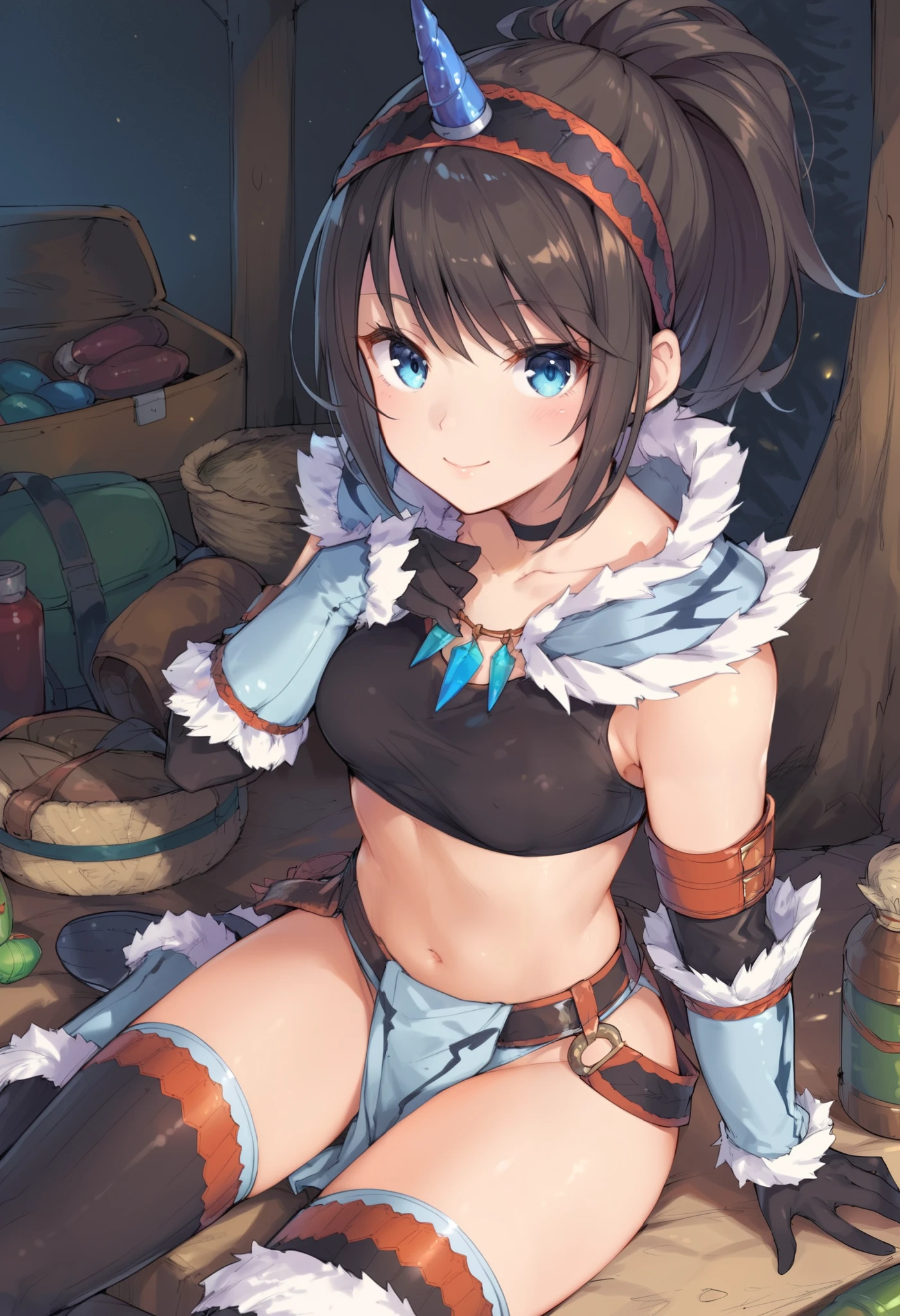 (score_9:0.9),score_8_up,score_7_up,rating_explicit,anime_style,(zPDXL),kirin beta armor,white single horn hairband,white detached sleeves,ung_girl,solo,blue eyes,looking at viewer,sitting,smile,plain_background,medium breasts,,closed mouth,collarbone,black bandeau,white loincloth,white_knee_boots, camp, campdire,black_knee_highs ,white_tube_top,open_legs,(abs:0.5),white_spiky_hair,