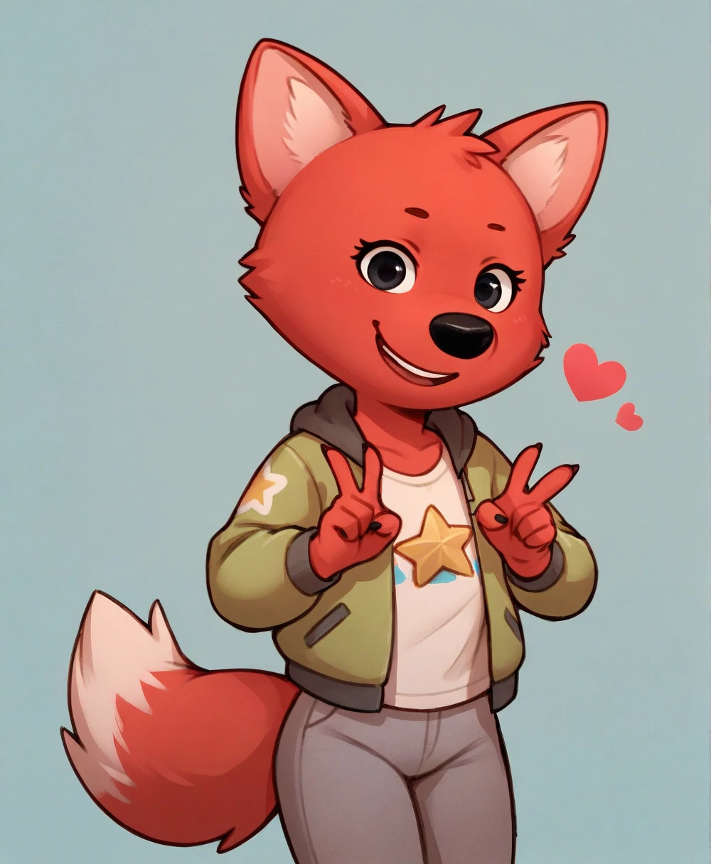 solo, score_9, score_8_up, score_7_up, score_6_up, score_5_up, score_4_up, solo, Lisichka, girl, red fur, red ears, black eyes, fluffy red tail, white tip tail, red face, black nose, young, younger, gray pants, black jacket, night, Looks at developments, folds fingers into a heart shape, heart sign, smile, golden star above head
