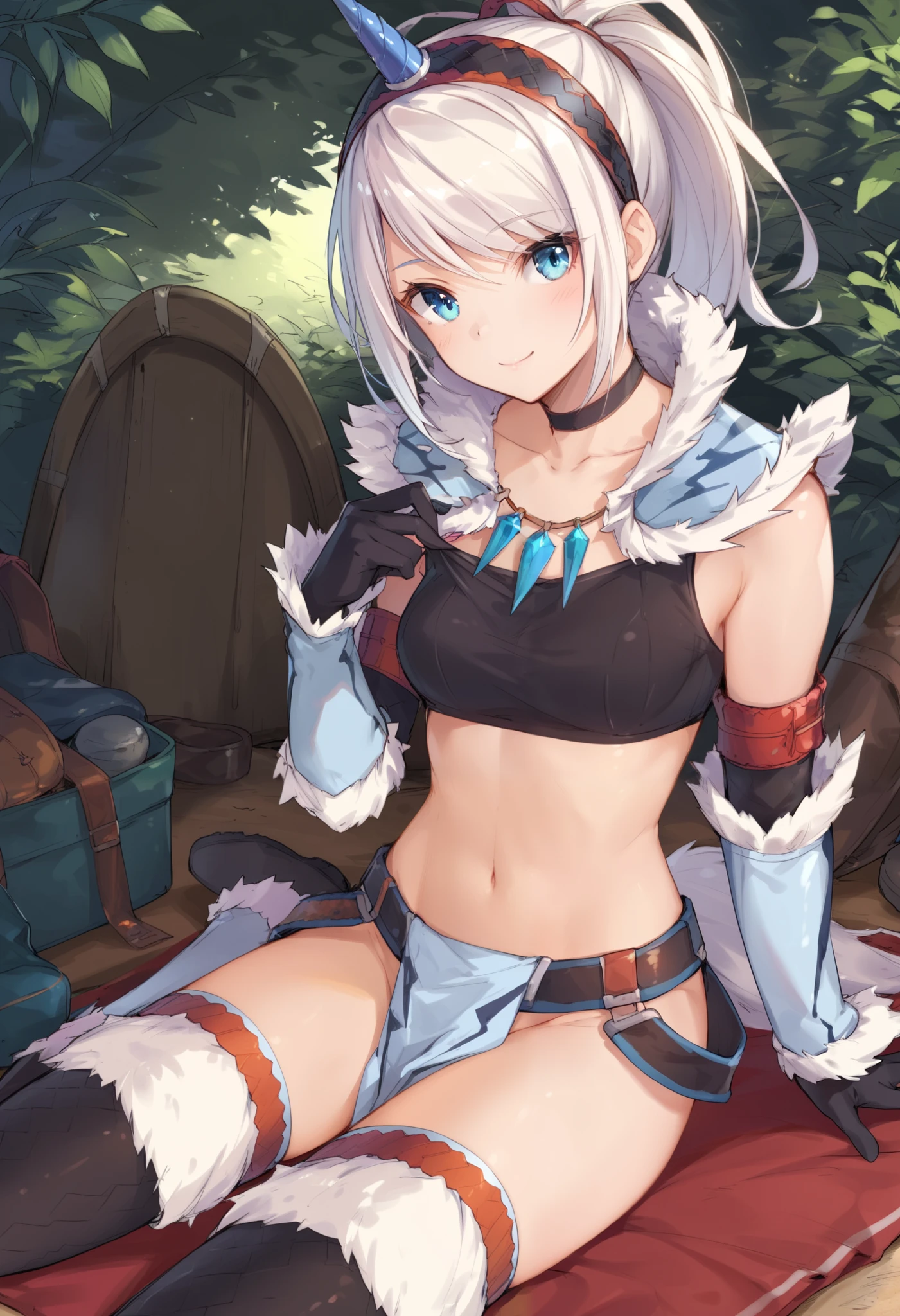 (score_9:0.9),score_8_up,score_7_up,rating_explicit,anime_style,(zPDXL),kirin beta armor,white single horn hairband,white detached sleeves,ung_girl,solo,blue eyes,looking at viewer,sitting,smile,plain_background,medium breasts,,closed mouth,collarbone,black bandeau,white loincloth,white_knee_boots, camp, campdire,black_knee_highs ,white_tube_top,open_legs,(abs:0.5),white_spiky_hair,