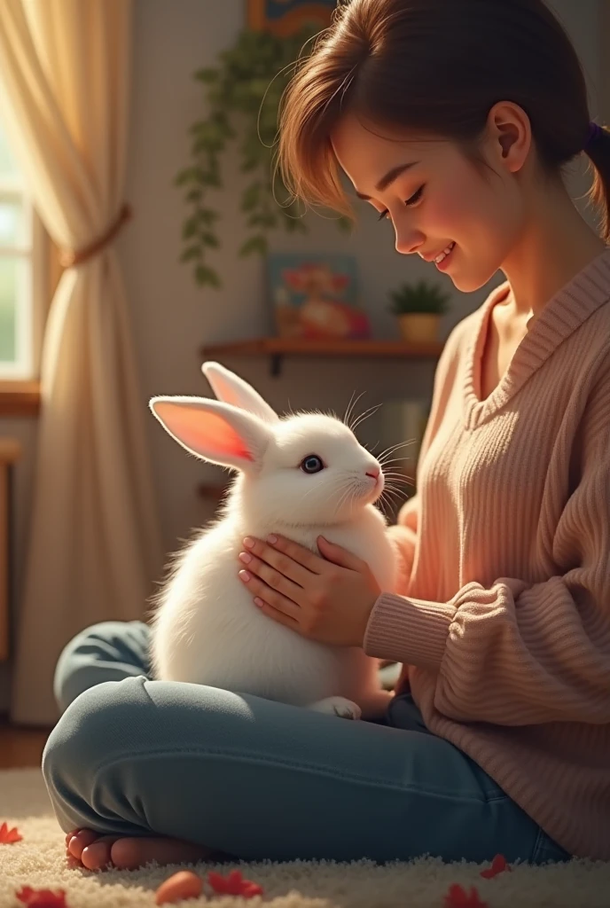 Young woman 20 years old、Hair is short、White T-shirt、breeches、Playing with white rabbits、