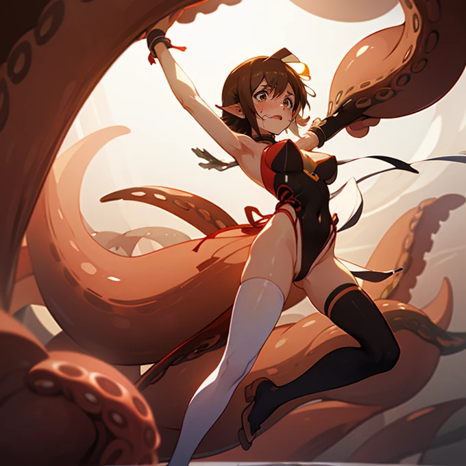 masterpiece, best quality,anime style, 1 girl,(((slender body))), (((small breast))),(((tennis uniform))),(((red tentacles bound the girl))), ((((restrained, arms behind back)))),((((cum)))), (beautiful face), (((short hair))), (((straight hair))), ((((brown hair)))),detailed beautiful skin, (perfect hands, perfect anatomy)
