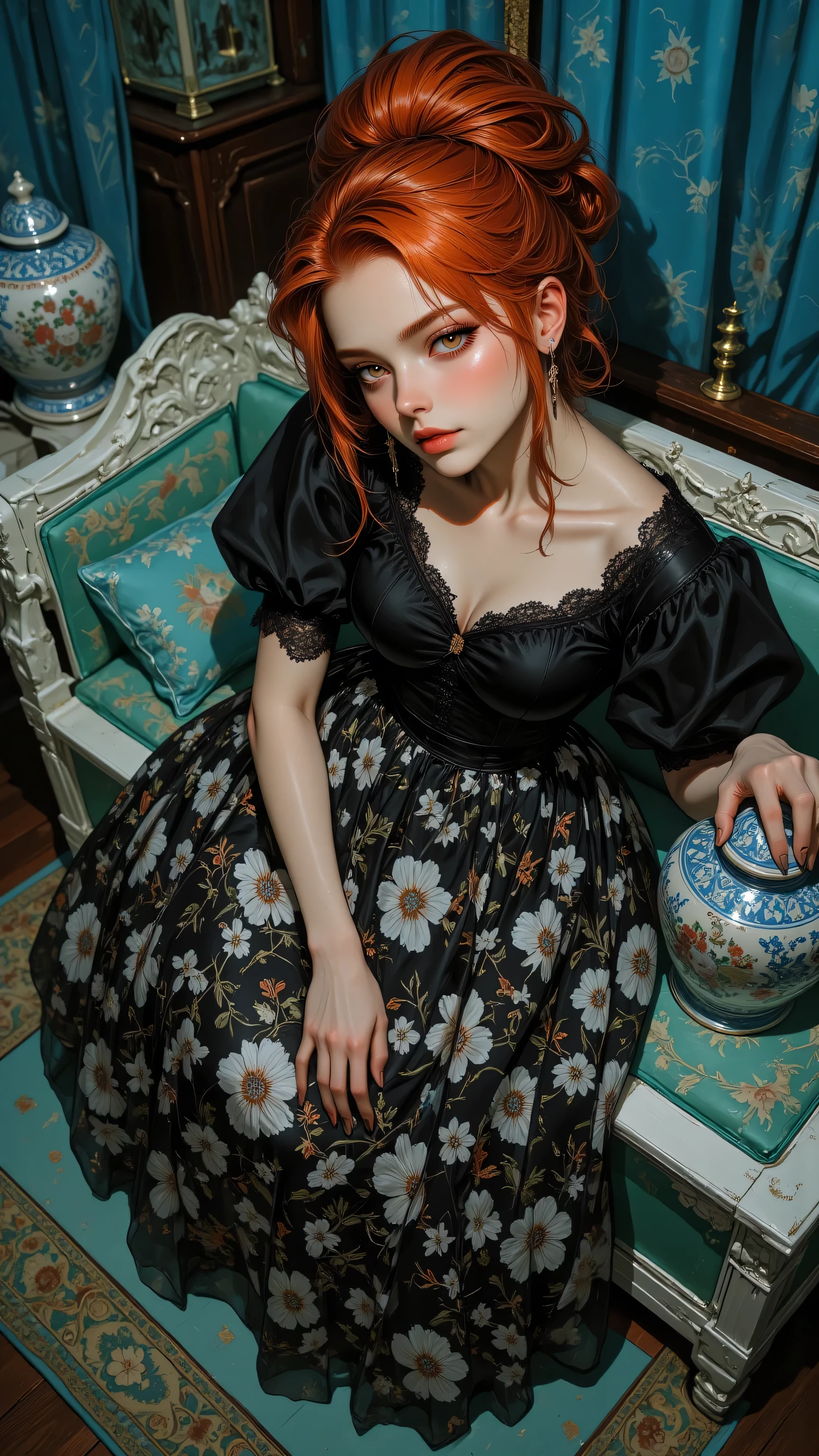 8k, Masterpiece, Top Quality, High-angle,  red hair,  voluminous updo,  pale skin, dark eyes,  black top,  lace detail, black and white floral skirt, full skirt,  relaxed pose,  hand on jar,  blue and white jar,  white bench,  green bench top,  blue drapes,  tassels,  teal patterned rug, vintage,  retro.