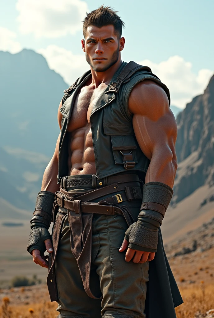 Solo Sexy anthro furry german shepherd male; ancient Mediterranean desert warrior; slim mesomorph handsome model apperance; boy's messy short hair headband; sexy toned muscules; sword scars;  worn out brown studded leather rusty sexy skimpy armament. He has low on hips heavy leather studded heavy belt. he has narrow in the crotch very old worn out btosn leather bulgy tigh jockstrap (smelly jockstrap fetish); His brown jockstrap it is made of old worn out matte brown volour leather studded and sewn together from a few pieces, it has never been washed, it is dirty and has stains from secretions of dried semen and sweat; His armor is old heavy brown harness with armlets studded with spikes;,  he has old brown leather BFR Bands on Biceps and his thighs, he has old worn out fingerless leather gloves. His armor is skimpy in ruin, it is very very old and dirty, rusted, dirty, old worn out, rusty breastplate. Even though he is a handsome and sexy man, he has a sloppy appearance, has disheveled unwashed dirty fur, dirty body look. he smells, he has stains from old blood, dirt, semen, mud, smelly furr, disgusting ??????? looking.  Mediterranean sunny pine seacoastline pine forest; he has a proud, threatening and defiant expression on his face, with little dirty dangerous smile; He stands proudly bravely in an upright attacking position, he holds a rised up sword in his right paw, ready for incoming fight; he has narrow in the crotch very old worn out btosn leather bulgy tigh jockstrap (smelly jockstrap fetish); His brown jockstrap it is made of old worn out matte brown volour leather studded and sewn together from a few pieces, it has never been washed, it is dirty and has stains from secretions of dried semen and sweat; Full body full character view, 
