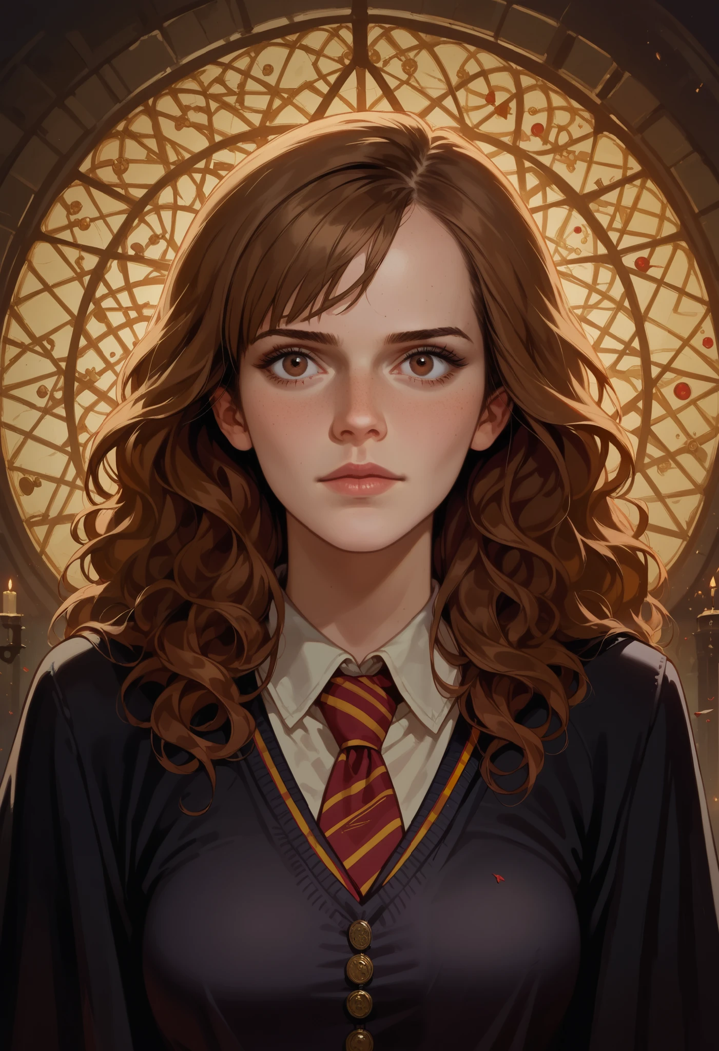 (absurdres, highres, ultra detailed), 1 Female, Brown hair, Brown eyes, Looking at the camera, Hermione Granger, Harry Potter, Finely detailed eyes and detailed face, the fool \tarot\, bard, clown, Symbolism, Visual art, Occult, Universal, Vision casting, Philosophical, Iconography, Numerology, Popularity, Artistic, Alfons Mucha