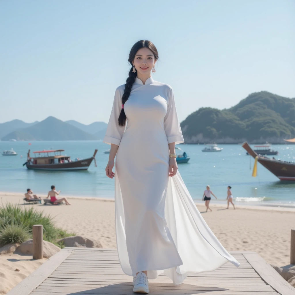 there is a woman standing on a railing by the water, in a long white dress, xintong chen, white hanfu, wenfei ye, 165 cm tall, 155 cm tall, queen of the sea mu yanling, a beautiful woman in white, chengyou liu, wenjun lin, wearing an elegant dress, zhong lin