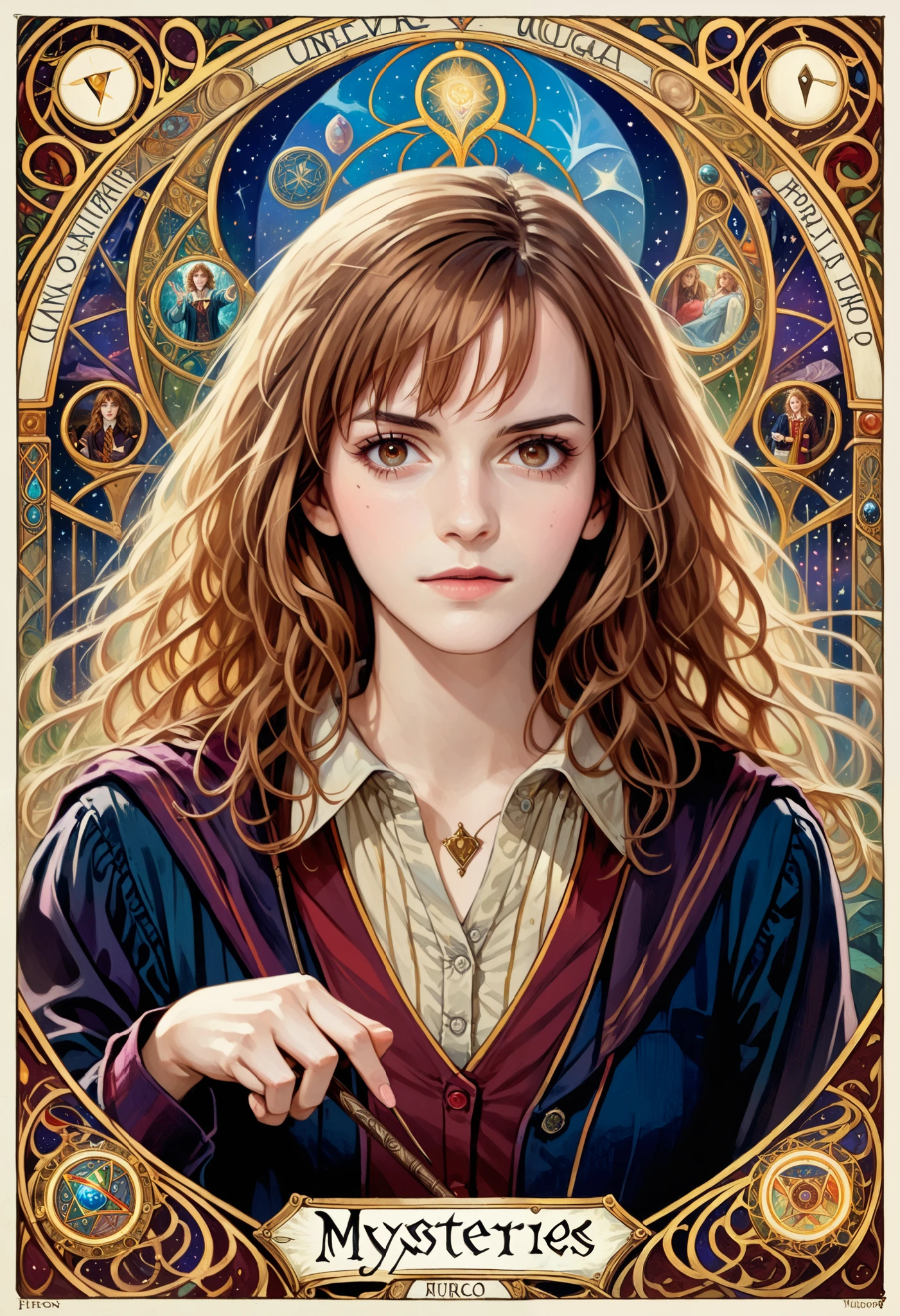(absurdres, highres, ultra detailed), 1 Female, Brown hair, Brown eyes, Looking at the camera, Hermione Granger, Harry Potter, Finely detailed eyes and detailed face, Mysteries \tarot\, bard, clown, Symbolism, Visual art, Occult, Universal, Vision casting, Philosophical, Iconography, Numerology, Popularity, Artistic, Alfons Mucha