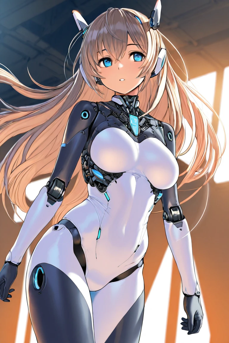 (1990's \(Style\),90s Anime),1girl in, android, Humanoid robot,Mechanical body, mechanical arms, mechanical legs, Mechanical chest of drawers, Silver hair,Long hair,((very saggy chest:1.4)),huge-breasted,huge nipples,masutepiece, Best Quality,Add_detail,(Cameltoe:1.5)