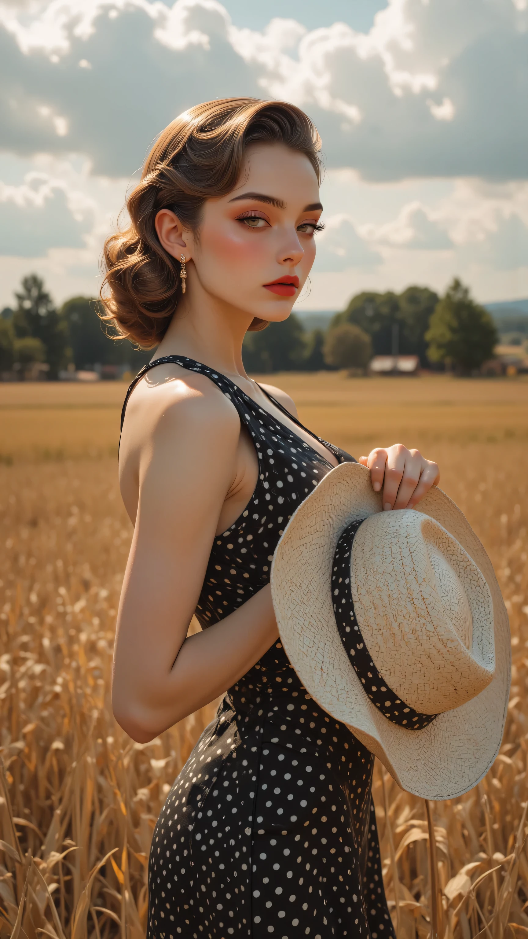 8k, Masterpiece, Top Quality, Close-up, woman, fair skin, red lipstick, rosy cheeks, 1940s hairstyle, polka dot dress, black and white, v-neck, sleeveless, holding hat, large straw hat, light colored, calm expression, outdoor setting, field, dry grass, distant trees, partly cloudy sky, vintage lighting, glamour, pin-up.