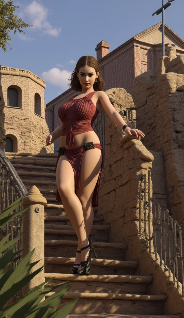 SFW, Female Full body standing straight symmetrical, looking to the viewer, hands on hips, peace sign, A woman,short detailed hair,ember,white backgrounid,Masterpiece, Best quality, Beautiful, Visually stunning, elegant, incredibily detailed, Award-winning art, 0n1, Red skin, oni horns, their, Red them, Colored skin, metal sandals