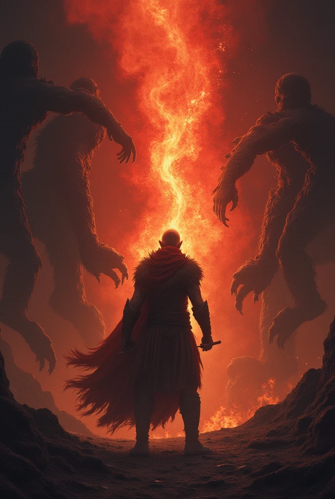 a painting of a man with a staff standing in a lava field, lava and fire goddess, fire elemental, appears as the fire goddess, dan mumford and alex grey style, epic fantasy art style hd, fire goddess, epic fantasy digital art style, epic fantasy art style, fractal thunder dan mumford, 4k fantasy art, detailed digital 2d fantasy art