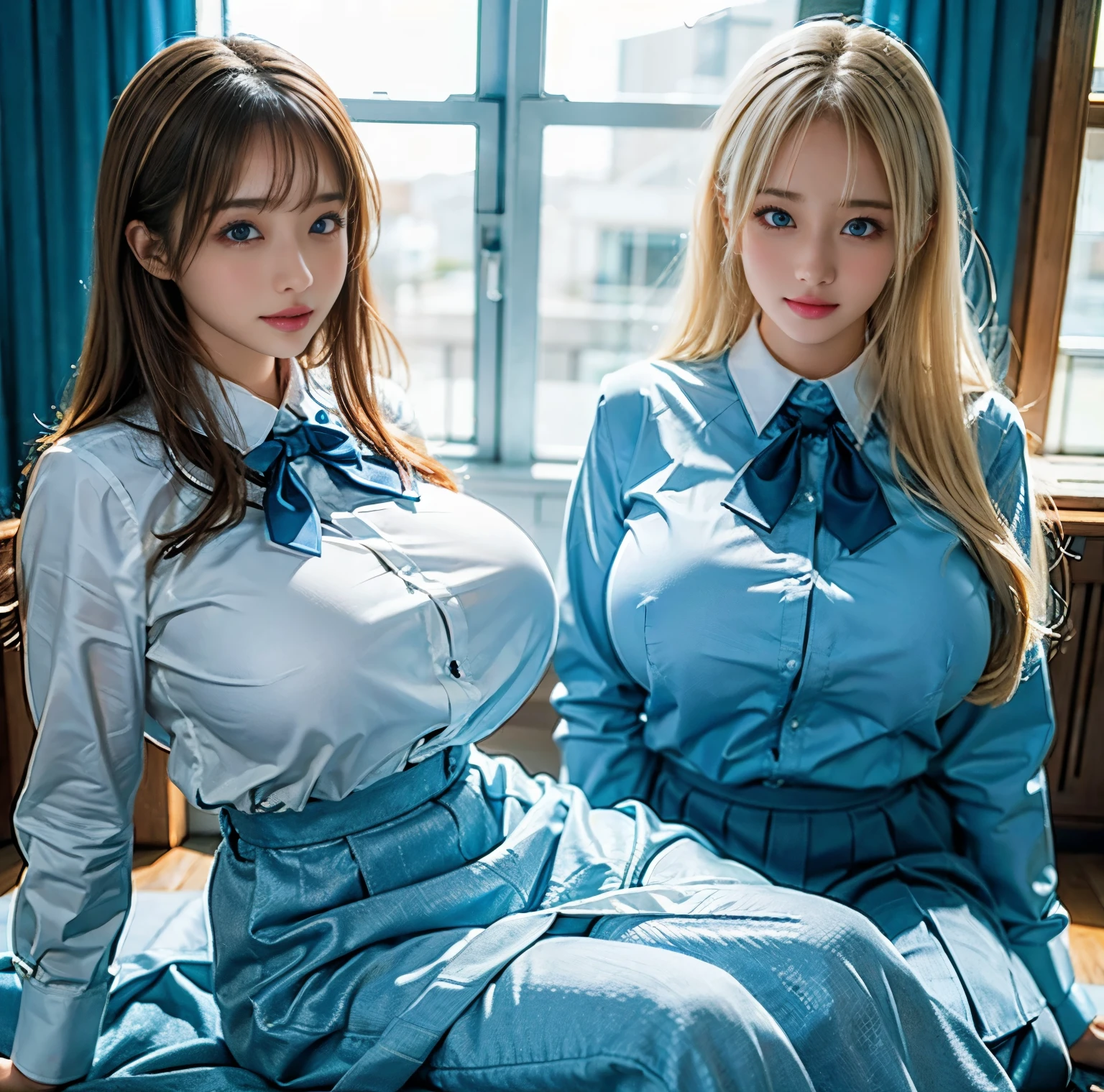 2 brunette Girls, Beautiful, Baby symmetric Face, 17 Years Old,,enormous Breasts ,((neglected )),,((very nsfw))((wearing a blue catholic school girl uniform ))long curly and wavy Hair tied in a random hairstyle, adorable masterpiece ((yellow honey colored eyes)) , very thick hourglass figure body, closeup view ,,both looking at viewer.,in a nightclub