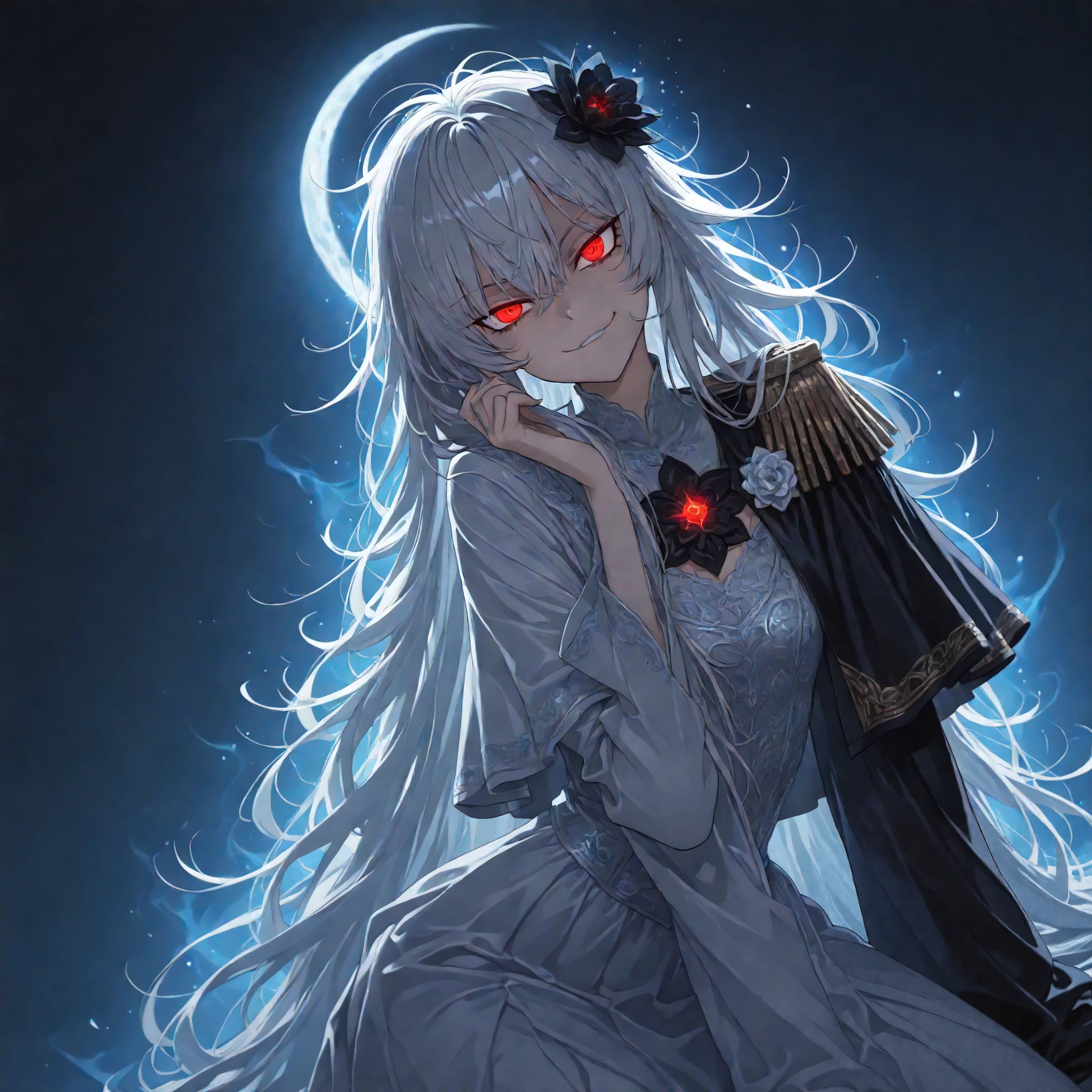 (solo:1.7), detailxl, Anime illustration, detailed anime artstyle, cinematic, volumetric lighting, clear sky, evening, cold light, colorful, light reflection, (head tilt, looking over her shoulder, teasing, lidded eyes, sultry, (dynamic angle, dynamic pose:1.1):1.5), glaring at viewer, side eye, front, chest up shot, fotoshoot, model, (1girl:0.98), young, adolescent, detailed skin, extremely detailed eyes, dynamic pose, crimson eyes, glowing eyes, (very long hair, messy hair, wild hair, hair in front of eye:1.2), flower brooch in her hair, auralora cosmic flowers, aura flowers, crazy eyes, soft smirk, black flower, blue glow, blue aura, moon, lunar power, closed mouth, (white hair, gray hair, shining hair:1.1), crazy smile, crazy laugh, (tsurime:1.3), (white ornate french dress:1.1), asymmetrical epaulette, capelet, ornate dress, carapace armour, black trimming, black highlights, cosmic clothes, reaper dress, demonic clothes,