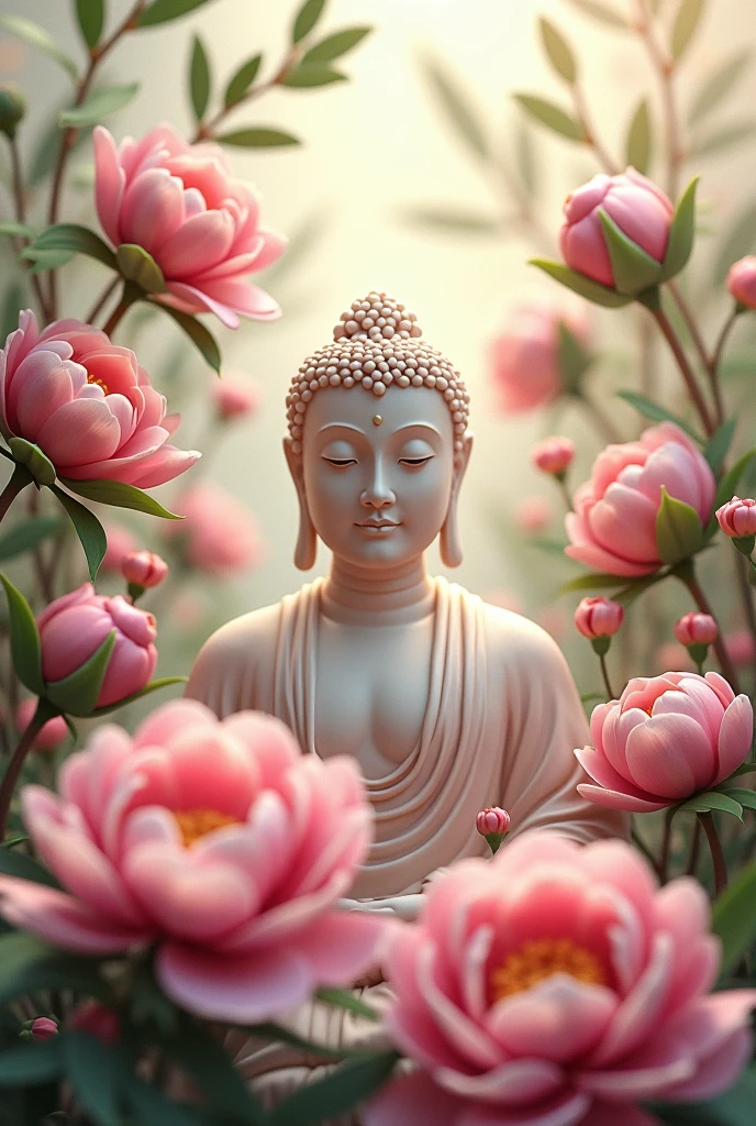 buddha statue buddha on light background solo front looking here halo is shining upper body only body is 70 on screen%Profession hold hands Like a photograph The background is full of flowers The background color is pink wonderful background