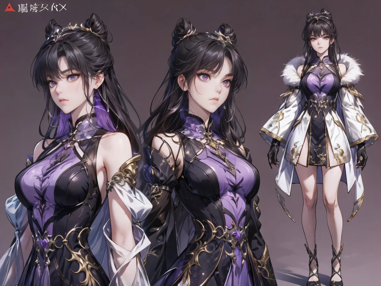 Masterpiece , best quality, 1 Xiao Wu , Face Color Looks Cool , Strong, Golden Left Eye , Red Right Eye , Long hair, Black hair, Firm Eyes , Simple Uniform , Black Long Earrings , Chinese , Front, back, left, right Photo , simple background, purple Background , Anime, illustration, Full body , bun hair , black fluffy animal coat on shoulders , girl , head shot , big breasts , purple eyes , short , character sheet , detail dress