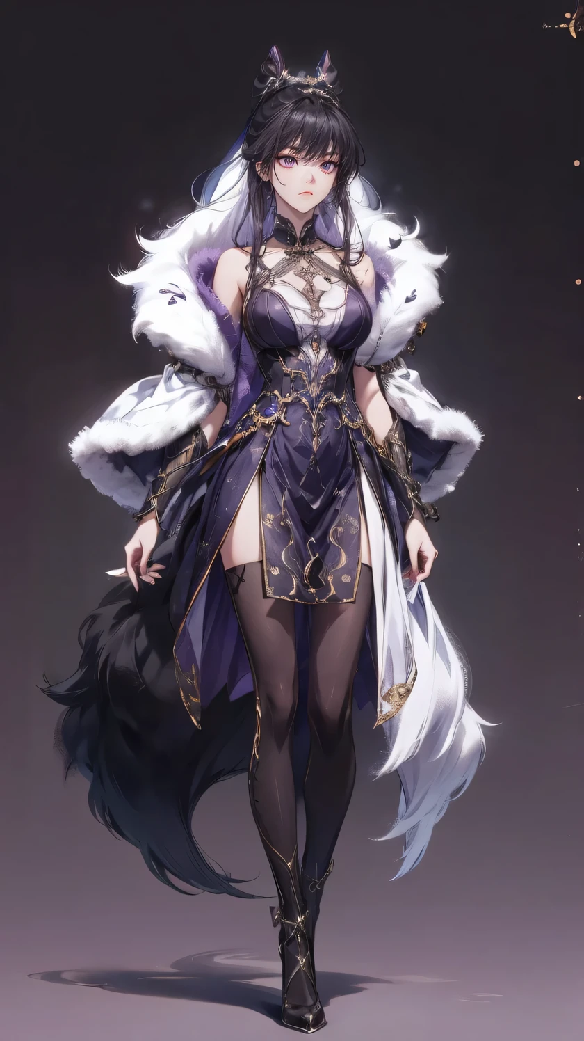 Masterpiece , best quality, 1 Xiao Wu , Face Color Looks Cool , Strong, Golden Left Eye , Red Right Eye , Long hair, Black hair, Firm Eyes , Simple Uniform , Black Long Earrings , Chinese , Front, back, left, right Photo , simple background, purple Background , Anime, illustration, Full body , bun hair , black fluffy animal coat on shoulders , tiny girl , head shot , big breasts , purple eyes , short , character sheet , detail dress