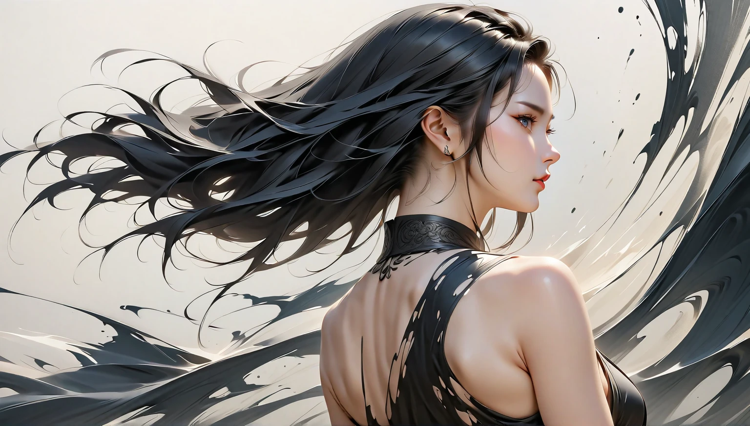 skimpy lingerie, long black hair, windy, looking left of viewer, line art