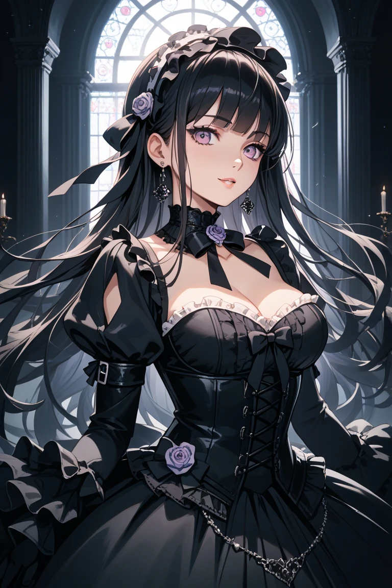 a woman in black corset and goth hair, with piercings, 1girl, solo, black hair, long hair, ring, silver hair, Gothic Lolita, ((blue lips)), blue eyes, blue rose