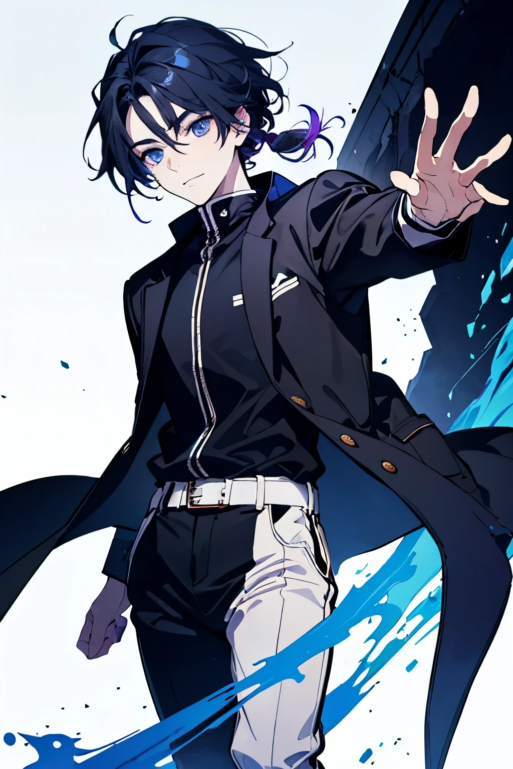 A dark-haired boy with purple locks that give him a distinctive and striking touch. His intense blue eyes contrast with his hair, reflecting depth and determination. He wears modern and stylish clothing, with a light urban design jacket, a casual t-shirt and tight pants that reinforce his youthful and confident air.  His expression is serene but intriguing ,  with a slight smile or a challenging look .  The background is completely white , highlighting his figure and the details of his appearance. Anime style illustration with clean lines and soft shading.