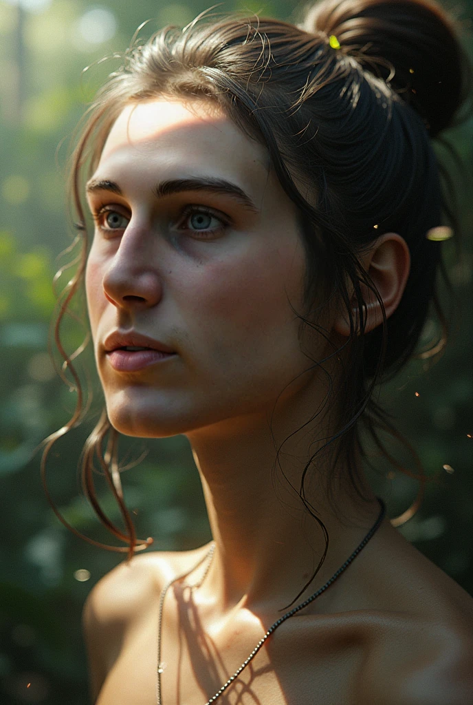 a hyper-realistic portrait of a young woman, smiling, inside a forest, in the middle of nature, 22 years old, realistic, (lying on her side), sexy, (huge breasts 2:1), short brown hair, (hair tied with bows), curved, SFW
