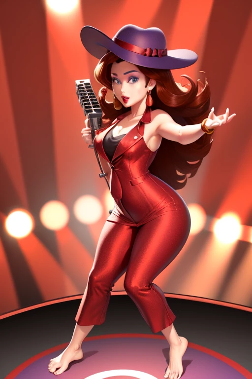 A solo shot featuring pauline
red headwear, sleeveless red dress, high heels
purple hat, red jacket, red pants, high heels r a DJ, showcasing her skills on the turntables at a vibrant rave.