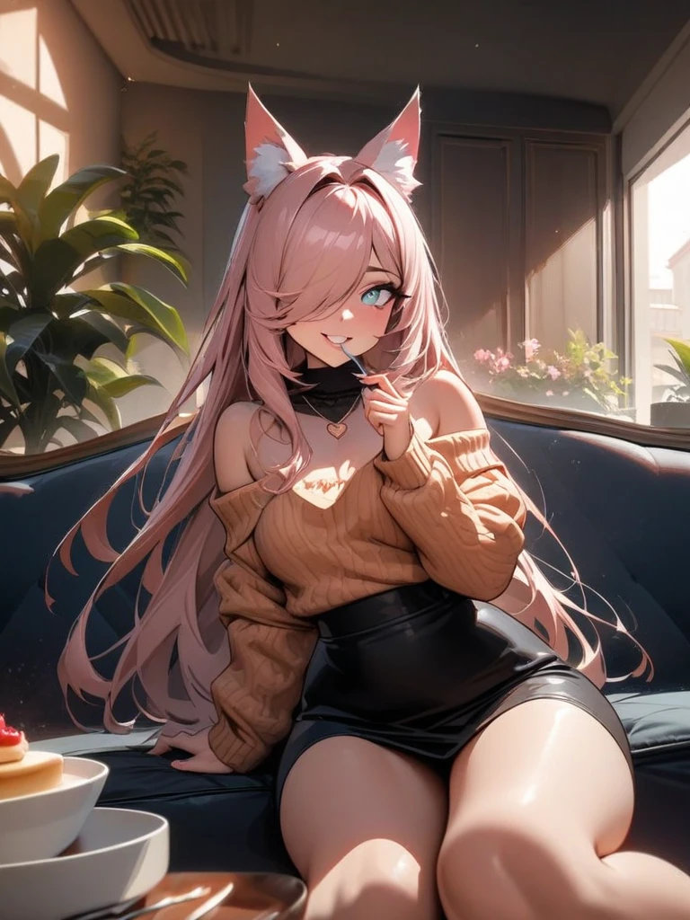 Sexy Posing, standing apart, Female, 30 years old, cute, eyeliner, long hair, biting lip smile, tube top, jean shorts, bedroom eyes, catgirl, cat ears, living room background, 8k, hi res, (best quality, masterpiece), green eyes, long cat tail , lying on couch, evil grin, light pink hair,