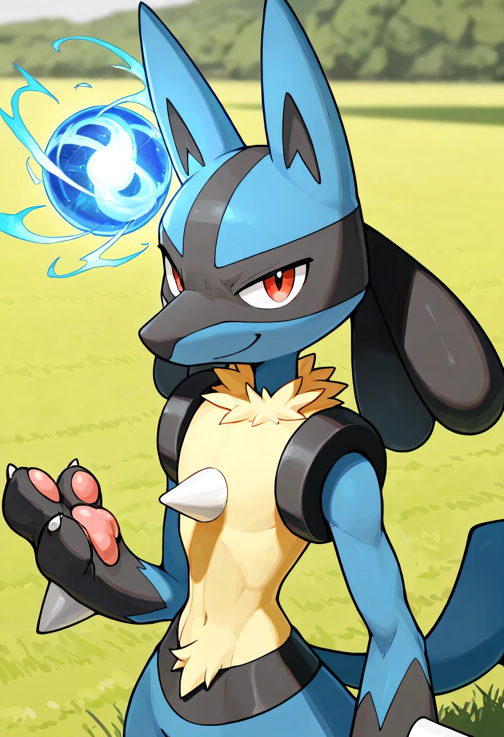 (soft shading), 4k, hi res, ((detailed face, detailed, Best quality, masterpiece, detailed anatomy, detailed eyes, detailed paws, perfect shading)), by Buta99, by Haps, by SigmaX, Lucario, Pokemon, 1male, Pokemon, looking at viewer, skinny chub, tail, on the field, smirk, aura sphere on the both palms, standing up
