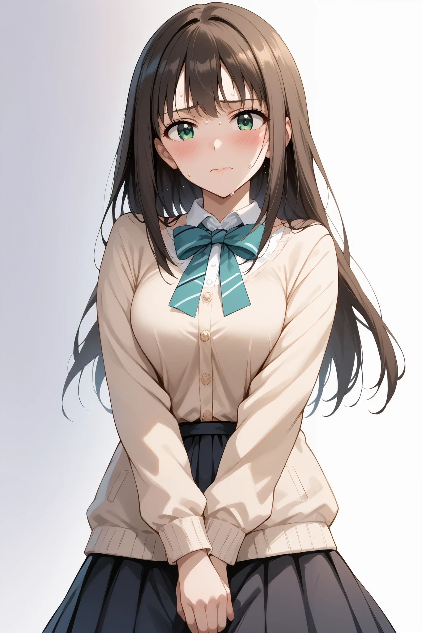 score_9, score_8_up, score_7_up, source_anime, 4K,perfect fingers,(perfect hands, perfect anatomy),prefect lighting, very aesthetic, intricate details,highly detailed background, masterpiece, high quality, best quality,
1girls,solo, rinshibuya, rin shibuya, black hair, green eyes, long hair, large breasts, mature female,
wearing ((light beige top with details of darker tones, )),,
((white plain background)), (blush, embarrassed, orgasm : 1.2), sweating,