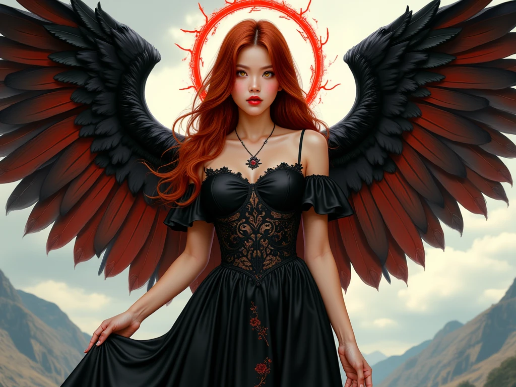 The model in a serene and peaceful pose. With red eyes and huge wings behind her as if she were an angel.