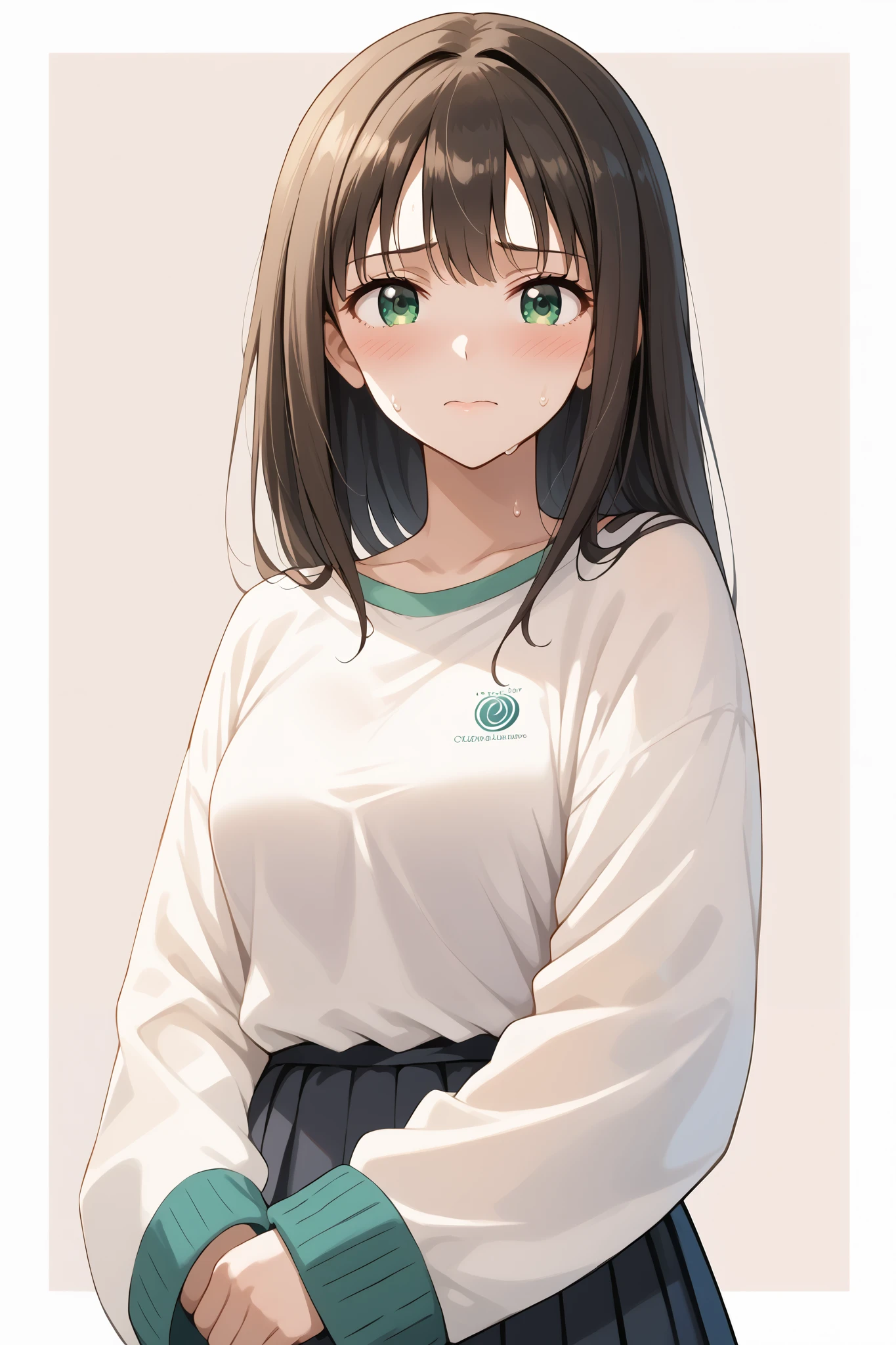 score_9, score_8_up, score_7_up, source_anime, 4K,perfect fingers,(perfect hands, perfect anatomy),prefect lighting, very aesthetic, intricate details,highly detailed background, masterpiece, high quality, best quality,
1girls,solo, rinshibuya, rin shibuya, black hair, green eyes, long hair, large breasts, mature female,
wearing ((light beige top with details of darker tones, sleeves are long,)),,
((white plain background)), (blush, embarrassed, orgasm : 1.2), sweating,
