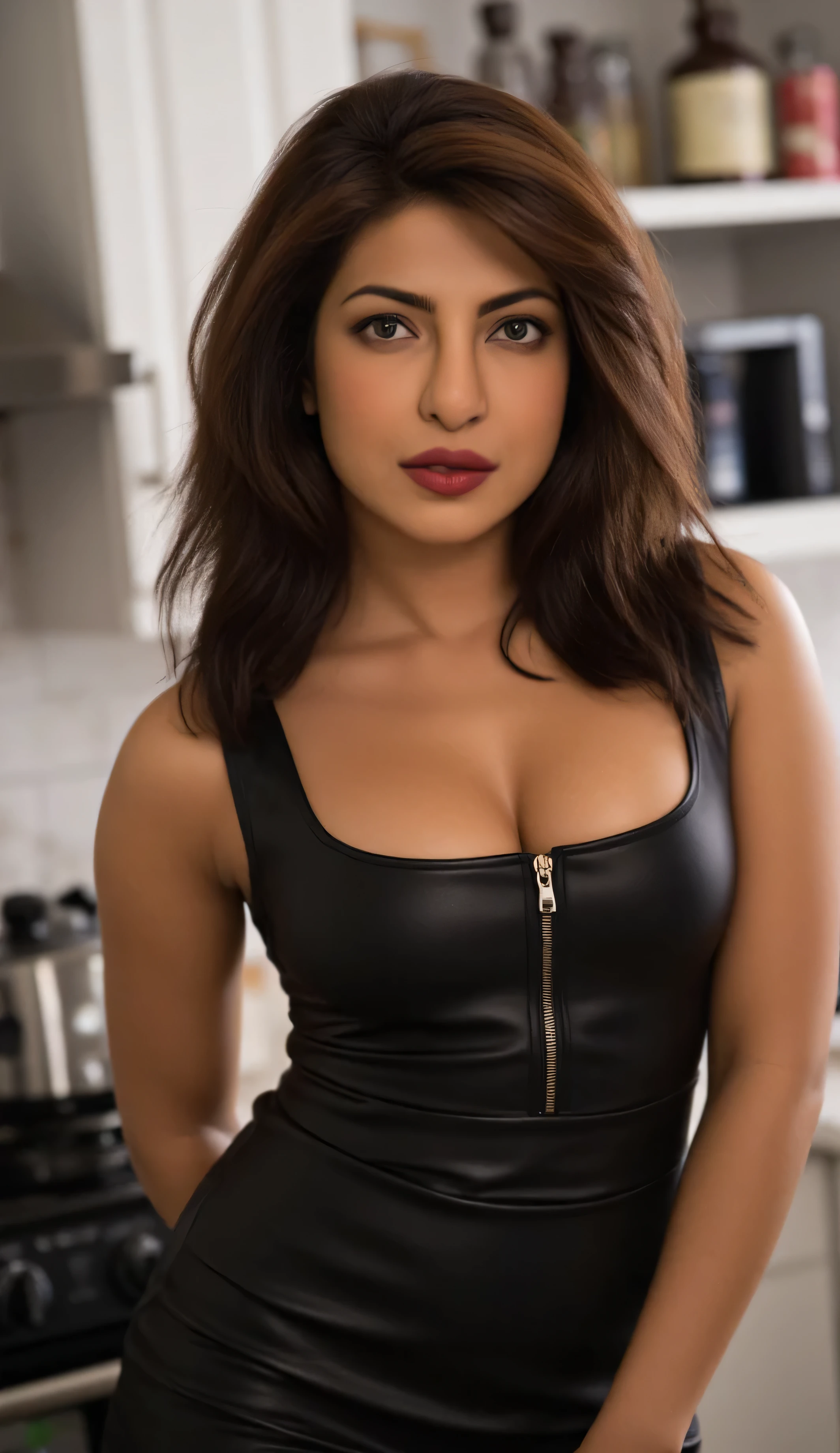 Priyanka choprabeautiful 25 years old actress sexy curvy size model woman , looking at viwer standing front of viwer, seduced , horny looking face curvy, (Wearing: Matte PU Leather Mini Dress Sexy Long Sleeve Square Neck Bodycon Slim Dress) in kitchen, Long wavy hair, smile, cleavage ,half opened zipper , thicc red lips , curvy body shot, looking at the camera, cute sensuality, shallow depth of field