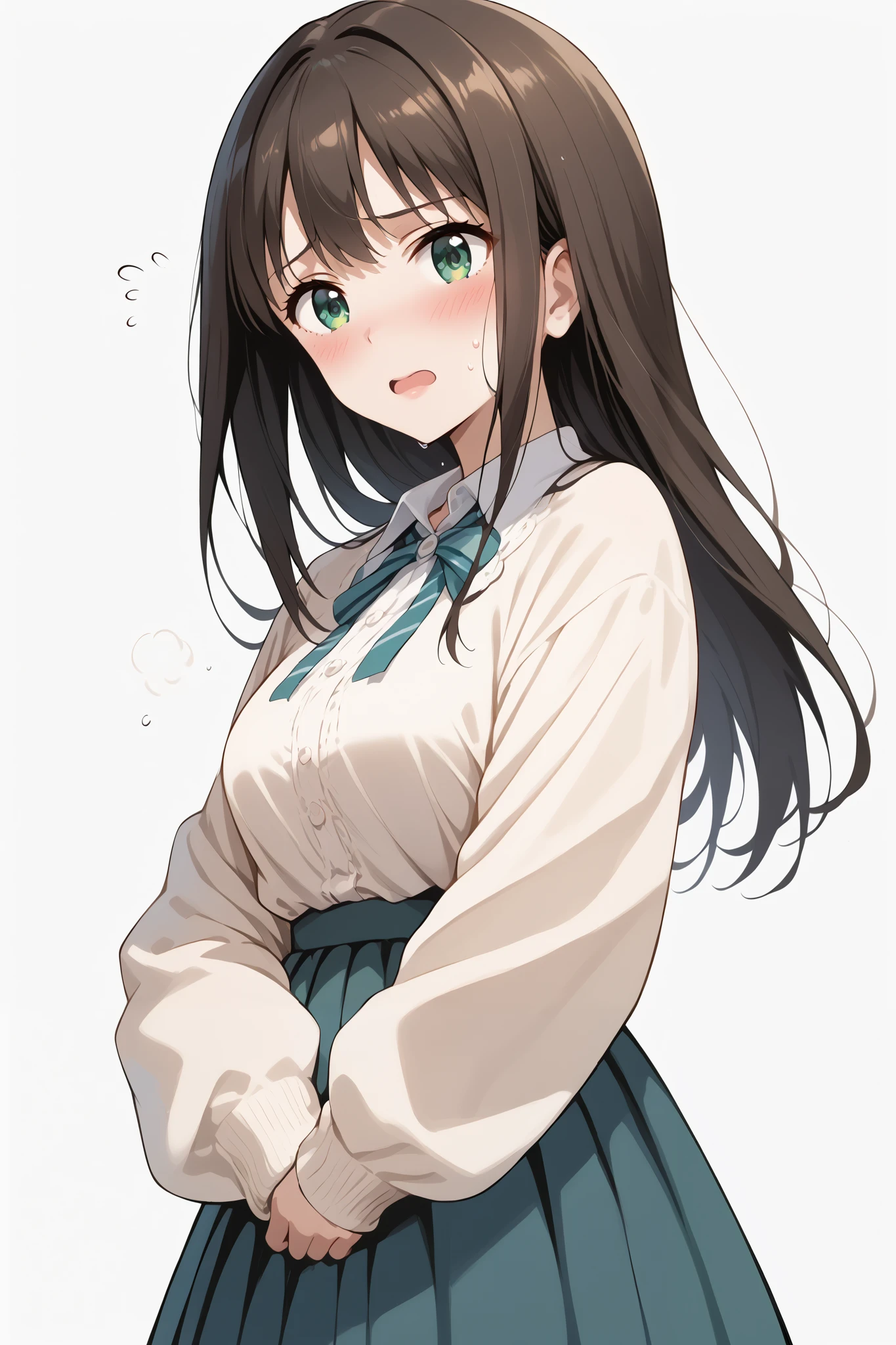 score_9, score_8_up, score_7_up, source_anime, 4K,perfect fingers,(perfect hands, perfect anatomy),prefect lighting, very aesthetic, intricate details,highly detailed background, masterpiece, high quality, best quality,
1girls,solo, rinshibuya, rin shibuya, black hair, green eyes, long hair, large breasts, mature female,
wearing ((light beige top with details of darker tones, sleeves are long, fabric of the top has intricate designs, )),,
((white plain background)), (blush, embarrassed, orgasm : 1.2), sweating,