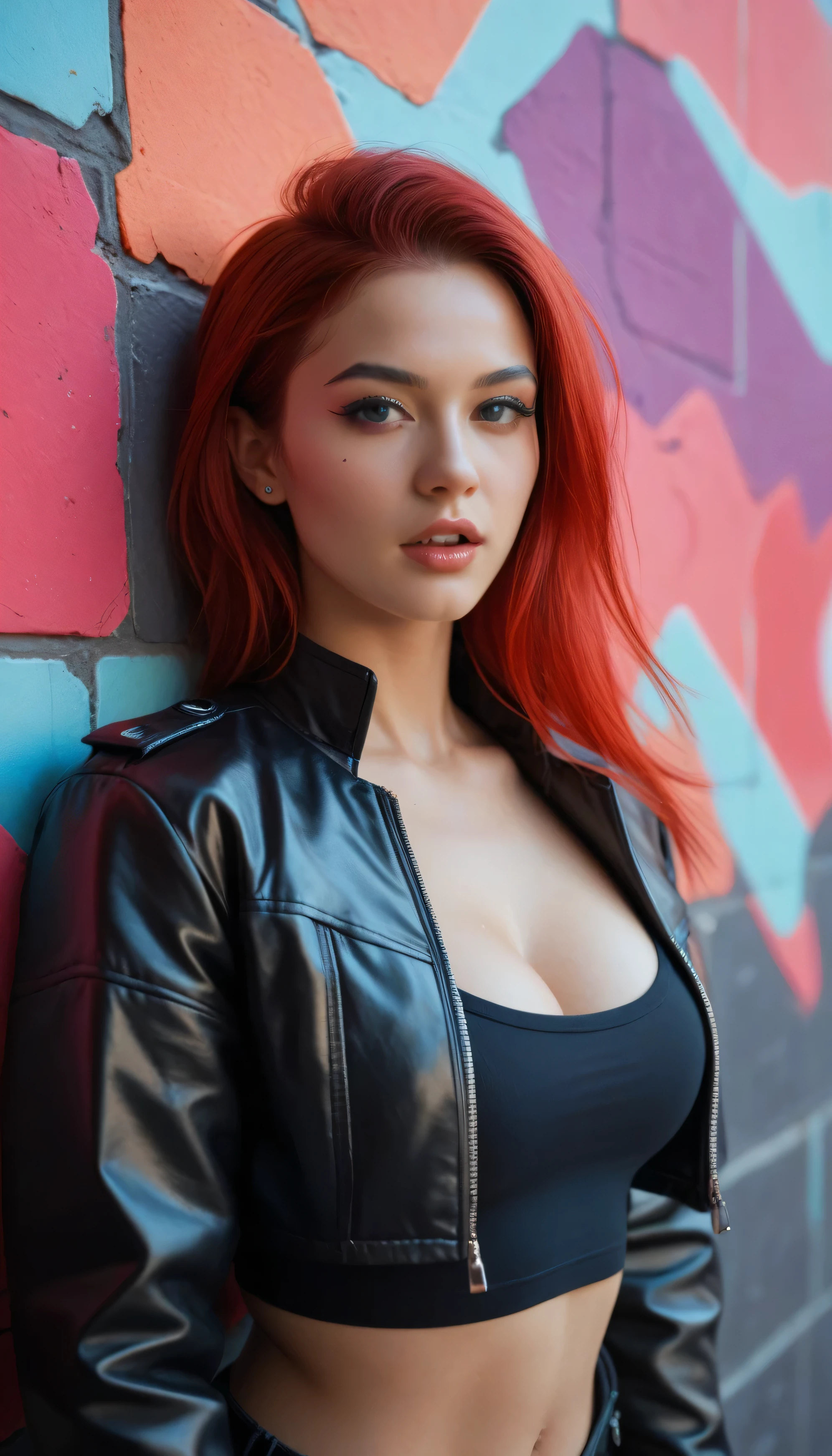 ultra HD, 16K, score_9_ up , score_8_ up , score_7_ up , Abstract, girl, , Age 25, PERFECT FACE IN DETAILS, Close view ,(adult), sexy,Red Hair, stares at viewers, shiny leather jacket, black crop top, cyberpunk, portrait photo, beautiful eyes, cowboy shot, cyberpunk art, portrait,( background is an abstract graffitied wall:1.3), is written in depth, view full body, curvaceous body, huge boobs, woman open mouth, vivid color.