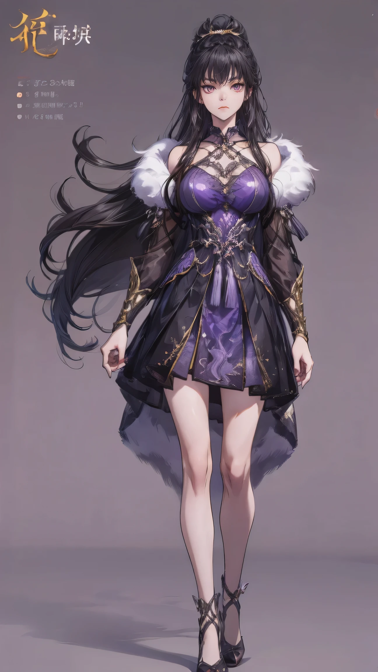 Masterpiece , best quality, 1 Xiao Wu , Face Color Looks Cool , Strong, Golden Left Eye , Red Right Eye , Long hair, Black hair, Firm Eyes , Simple Uniform , Black Long Earrings , Chinese , Front, back, left, right Photo , simple background, purple Background , Anime, illustration, Full body , bun hair , black fluffy animal coat on shoulders , girl , head shot , big breasts , purple eyes , short , character sheet , detail dress , full background