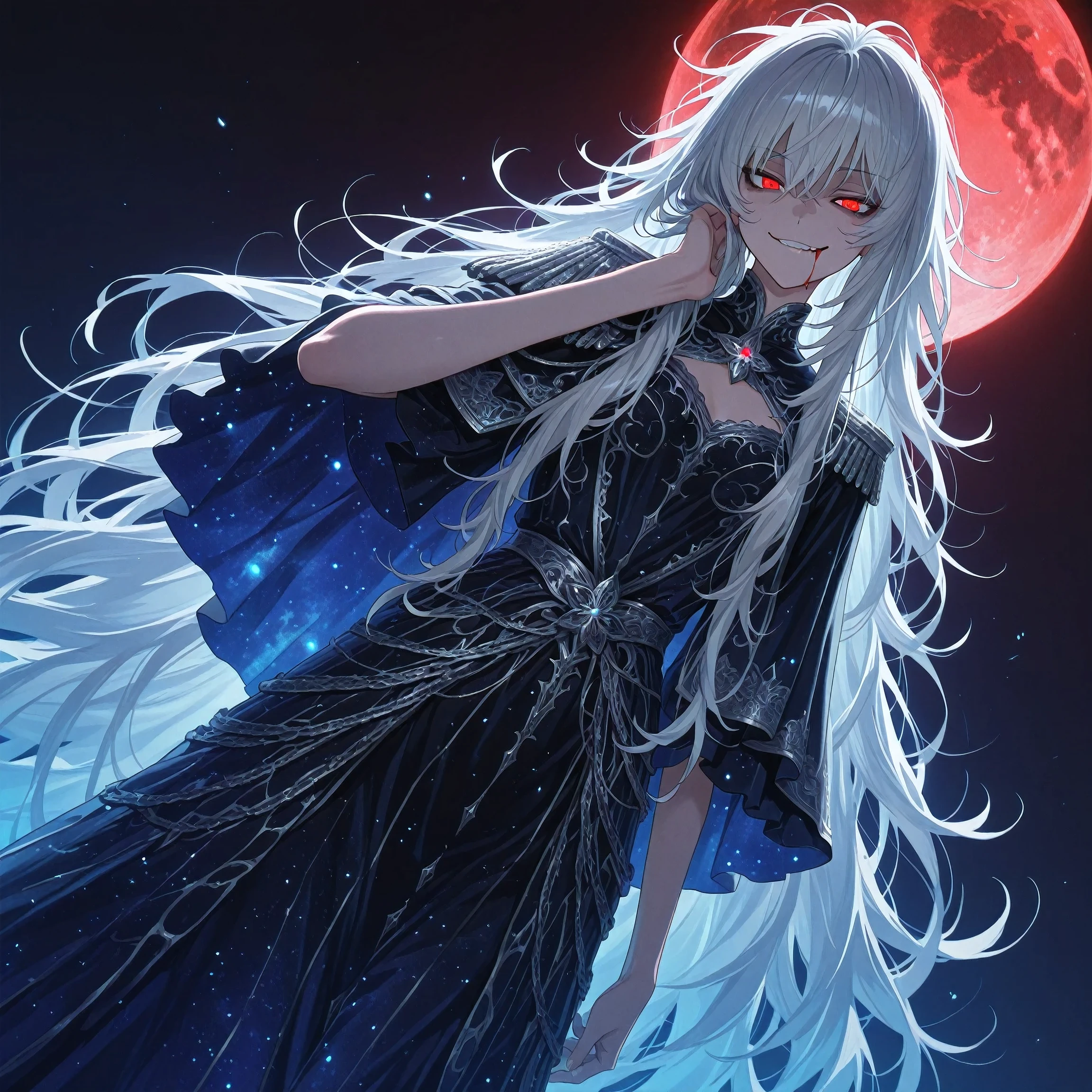 (solo:1.7), detailxl, Anime illustration, detailed anime artstyle, cinematic, volumetric lighting, clear sky, evening, cold light, colorful, light reflection, (head tilt, looking over her shoulder, teasing, lidded eyes, sultry, (standing, dynamic angle, dynamic pose:1.1):1.5), glaring at viewer, side eye, front, chest up shot, fotoshoot, model, (1girl:0.98), young, adolescent, detailed skin, extremely detailed eyes, dynamic pose, crimson eyes, glowing eyes, (very long hair, messy hair, wild hair, hair in front of eye:1.2), flower brooch in her hair, auralora cosmic flowers, aura flowers, crazy eyes, soft smirk, black flower, blue glow, blue aura, moon, lunar power, closed mouth, (white hair, gray hair, shining hair:1.1), crazy smile, crazy laugh, (tsurime:1.3), (white ornate french dress:1.1), asymmetrical epaulette, capelet, ornate dress, carapace armour, black trimming, black highlights, cosmic clothes, reaper dress, demonic clothes, blood magic, blood mage, red moon, gesugao