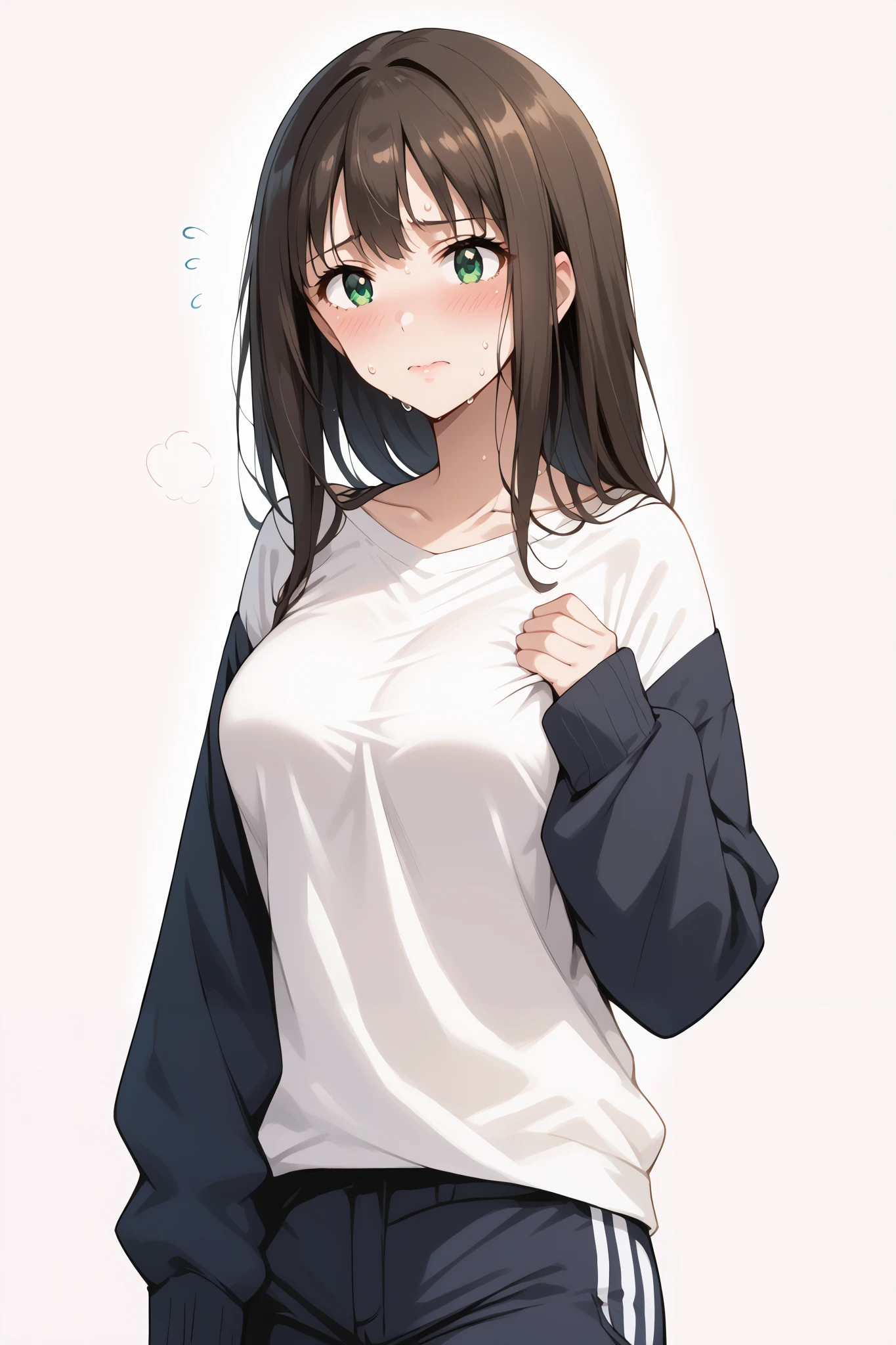 score_9, score_8_up, score_7_up, source_anime, 4K,perfect fingers,(perfect hands, perfect anatomy),prefect lighting, very aesthetic, intricate details,highly detailed background, masterpiece, high quality, best quality,
1girls,solo, rinshibuya, rin shibuya, black hair, green eyes, long hair, large breasts, mature female,
wearing ((light beige top with details of darker tones, sleeves are long, fabric of the top has intricate designs, loose-fitting trousers )),,
((white plain background)), (blush, embarrassed, orgasm : 1.2), sweating,