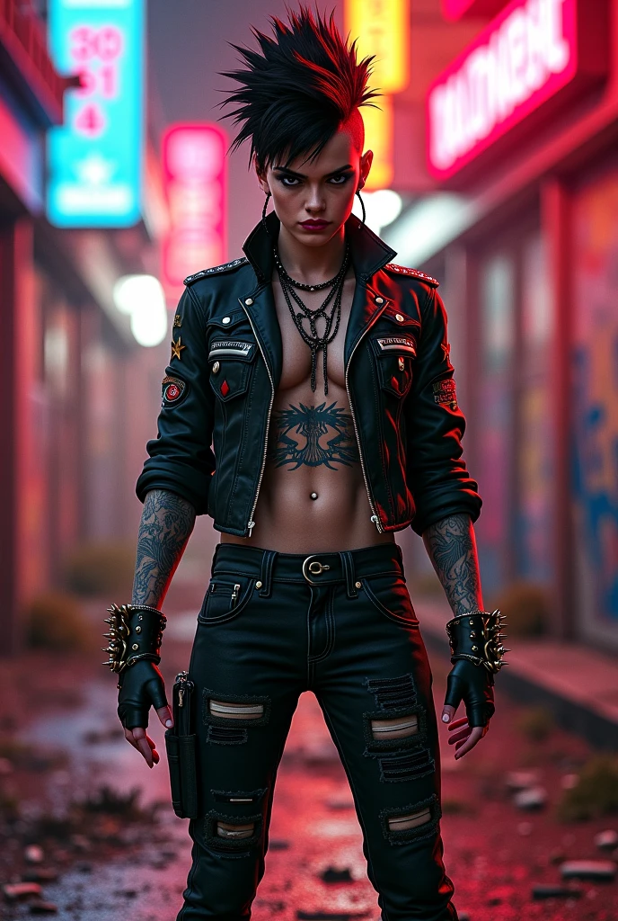 An image of a punk with a mohawk, dressed in a leather jacket with studs, in a futuristic style. The punk is standing against the backdrop of a sci-fi city with neon lights and cyberpunk elements. In the top right corner, the image features a bright, striking inscription 'научпанк' in Russian, styled in cyberpunk with neon colors.