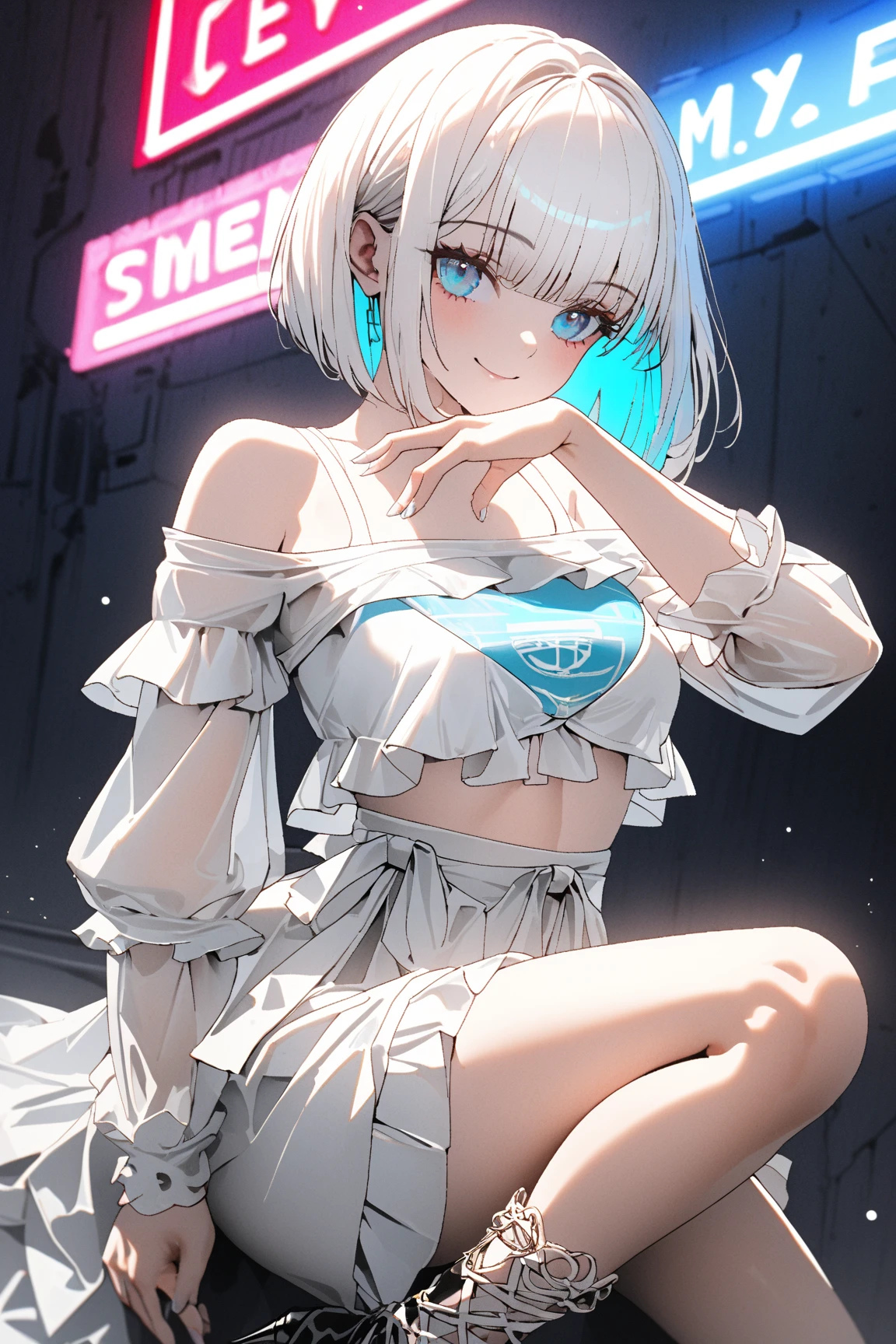 (Superflat, Flat Shading, Flat Color:1.1)、(Pure white panties)、An illustration、(brightいブロンドのヘアー、short hair、American boyish)、Spread your legs、smile、White underwearの股布が見えるように描く、Skirt flip、((Ripped and tattered denim skirt、White underwear))、choker、When I look through the viewfinder、bracelet、Thigh straps、Body painting、Tilt your head、8k resolution、Complex clothing、Intricate details、One person、alone、Are standing、Cowboy Shot、Arms at your sides、mini skirt、Detailed panties((From behind、hind legs、Heart Cutout、Hip joint incision))、Volumetric lighting、Soft Light、bright、neon、Vibrant colors、Watercolor、