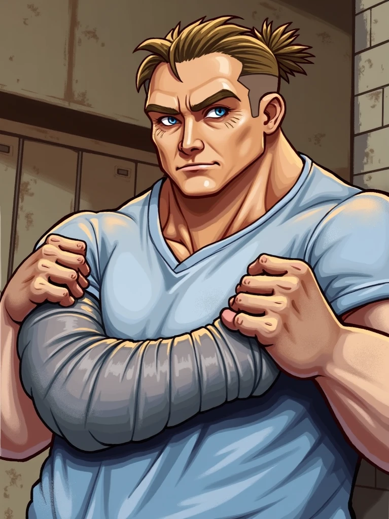 (NSFW: 1.5), Chris Redfield ,(man kneeling: 1.2) , (Seriously injured), (Close your eyes.), Open mouth, show teeth, (Wearing a navy blue round neck T-shirt with a police logo.: 1.3), (Navy blue jeans), Korean guy , korean men, (High gloss details), chest muscles, Big arm muscles, blood vessel, big muscles, Broad shoulders, looking at the audience, Balancing the eyes, (Make eye contact),(Torn shirt: 1.5), (wound: 1.3) , (blood splatters) ,( abrasions on face: 1.5), (Blood stains on the face and body: 1.5) ,(Torn shirt: 1.5) , (Look up: 1.1) , (genital very long big : 1.5), (Big testicles), (Erection of the penis: 1.5), middle of the road,(Fire blazes behind:1.3) ,(several worms mouth:1.8) ,middle of the road,(Fire blazes behind:1.3)