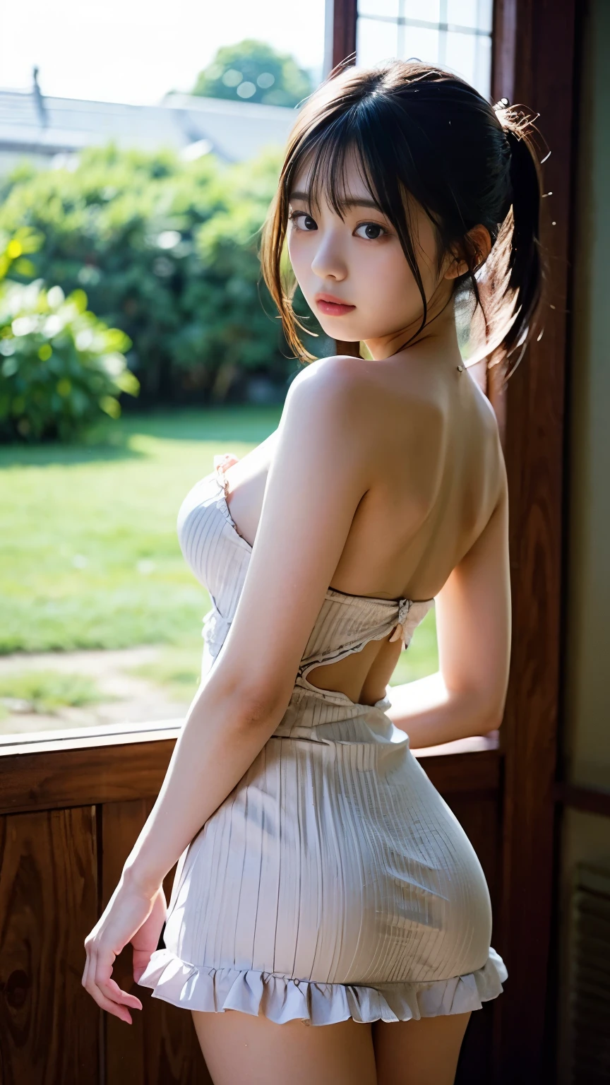 PHOTOREALISTIC, alone,   cute japanese woman, gothic frill mini dress code, Natural look, soft smile, Impressive Gaze, Details Show Half Ass Photo, Lighted , ( Attractive Poses),   Professional Photographer, backlight,