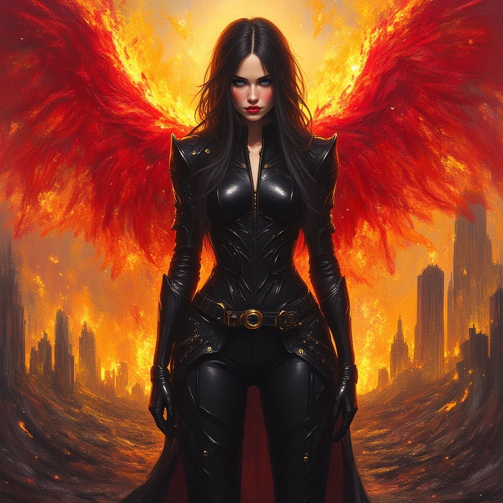 a girl with red glowing eyes, devilish smile, black feathery wings, standing in a fiery inferno, wearing a black leather outfit, surrounded by swirling smoke and flames, with a menacing and powerful aura, creating a sense of darkness and temptation. The artwork should be in a photorealistic style with high resolution, capturing every intricate detail. The color palette should consist of deep, rich tones, emphasizing the fiery and sinister atmosphere. The lighting should be dramatic, with intense highlights and shadows, enhancing the overall mood of the artwork.