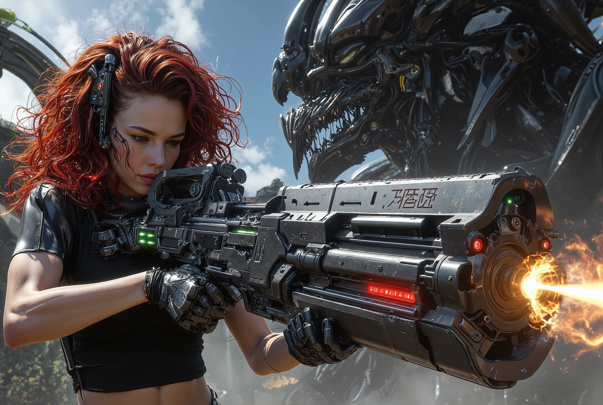  [Style: "masterpiece, realistic (Photorealistic realism), Hyper high resolution, (ultra quality, intricately detailed digital art), focus on extremely Realistic Proportion Body"] (Key Directive: "Prioritize anatomical accuracy and material textures") {Character: "20-year-old white female" | Face: "symmetrical, pale skin, full lips, red lipstick: 1.15" | Hair: "waist-length red curly (setting light reflections: 0.5)" | POV: {(("first person view"))} | ((first person shooting position)) "hold a Custom Railgun in hends" Weapon: "Custom Railgun (StatTrak™ module)" | Railgun side Engraving : "Japanese dragon (green/blue paint:1.4)" | Display: "((side-mounted counter (red LED '589')))" | Attachments: - "Underbarrel flamethrower "(aim through the scope at running targets ((the human-like very large angry black animal))) (shoot with continuous fire)"- "active, orange/blue flames:0.3, white/yellow flash:0.3" - (hot, smoking") - "Green laser sight (beam visible in airborne dust)" Environment: "unknown planet in an alien galaxy (unknown species of vegetation, animals), day" | Lighting: "(Cinematic clarity and global illumination)" - "aim at the target and shoot'' - ''Muzzle flash from rifle (temporarily illuminates face)" "((background – clear and sharp human-like large black alien, ((chaos and terror")))) (Rendering engine: "Unreal Engine 5 path tracing, 16K texture maps") } 