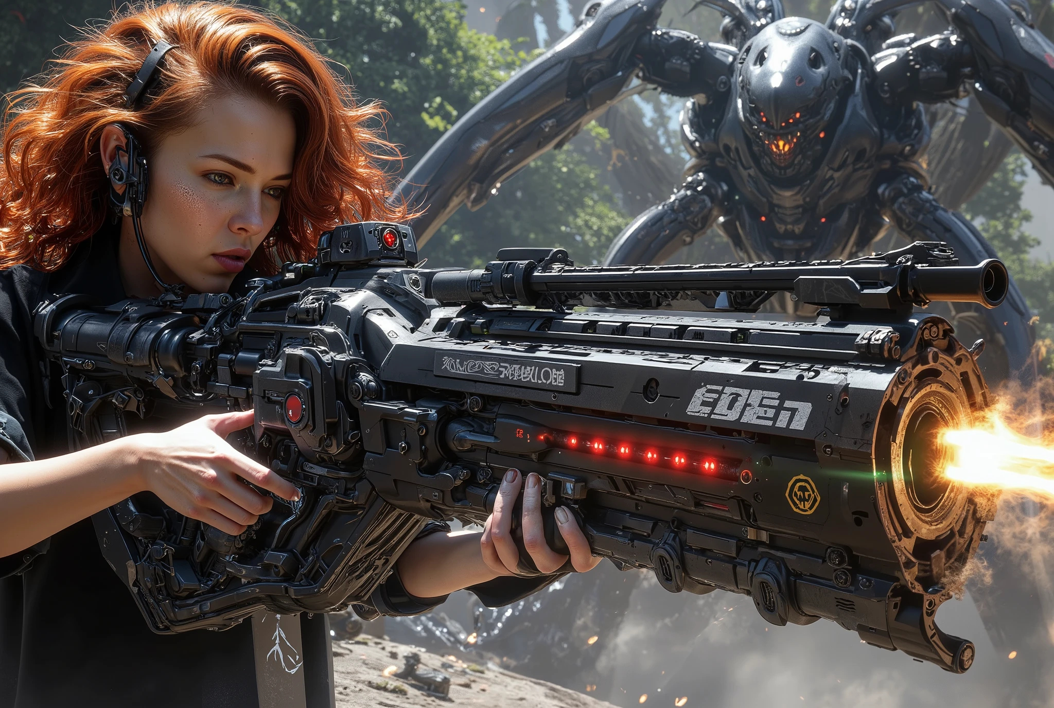  [Style: "masterpiece, realistic (Photorealistic realism), Hyper high resolution, (ultra quality, intricately detailed digital art), focus on extremely Realistic Proportion Body"] (Key Directive: "Prioritize anatomical accuracy and material textures") {Character: "20-year-old white female" | Face: "symmetrical, pale skin, full lips, red lipstick: 1.15" | Hair: "waist-length red curly (setting light reflections: 0.5)" | POV: {(("first person view"))} | ((first person shooting position)) "hold a Custom Railgun in hends" Weapon: "Custom Railgun (StatTrak™ module)" | Railgun side Engraving : "Japanese dragon (green/blue paint:1.4)" | Display: "((side-mounted counter (red LED '589')))" | Attachments: - "Underbarrel flamethrower "(aim through the scope at running targets ((the human-like very large angry black animal))) (shoot with continuous fire)"- "active, orange/blue flames:0.3, white/yellow flash:0.3" - (hot, smoking") - "Green laser sight (beam visible in airborne dust)" Environment: "unknown planet in an alien galaxy (unknown species of vegetation, animals), day" | Lighting: "(Cinematic clarity and global illumination)" - "aim at the target and shoot'' - ''Muzzle flash from rifle (temporarily illuminates face)" "((background – clear and sharp human-like large black alien, ((chaos and terror")))) (Rendering engine: "Unreal Engine 5 path tracing, 16K texture maps") } 
