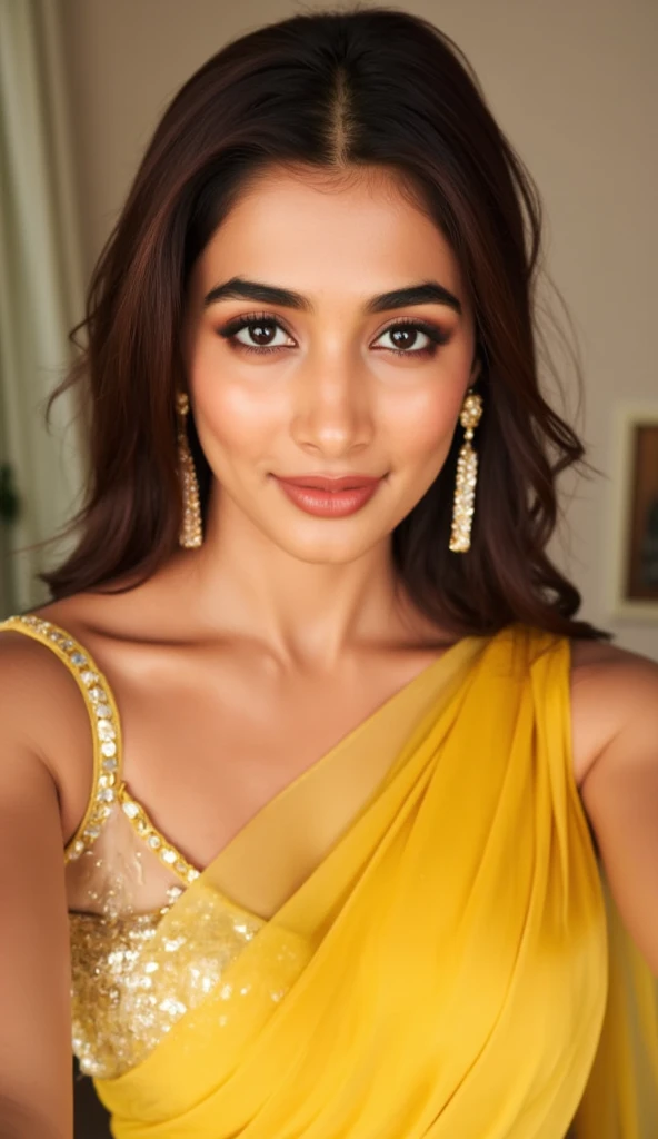 "Generate an image of Marina, a 25-year-old modern Indian influencer, in a realistic outdoor setting. She is wearing a mustard yellow kurti with intricate gold embroidery along the neckline and sleeve cuffs. The kurti has a deep V-neckline, emphasizing her enhanced bust size. Her hair is styled in long, loose waves, cascading over her shoulders. Marina is accessorized with large, traditional gold earrings that complement her outfit. She is smiling warmly, exuding confidence and grace. The background is a lush, green park with trees, adding a natural and serene ambiance to the image."

