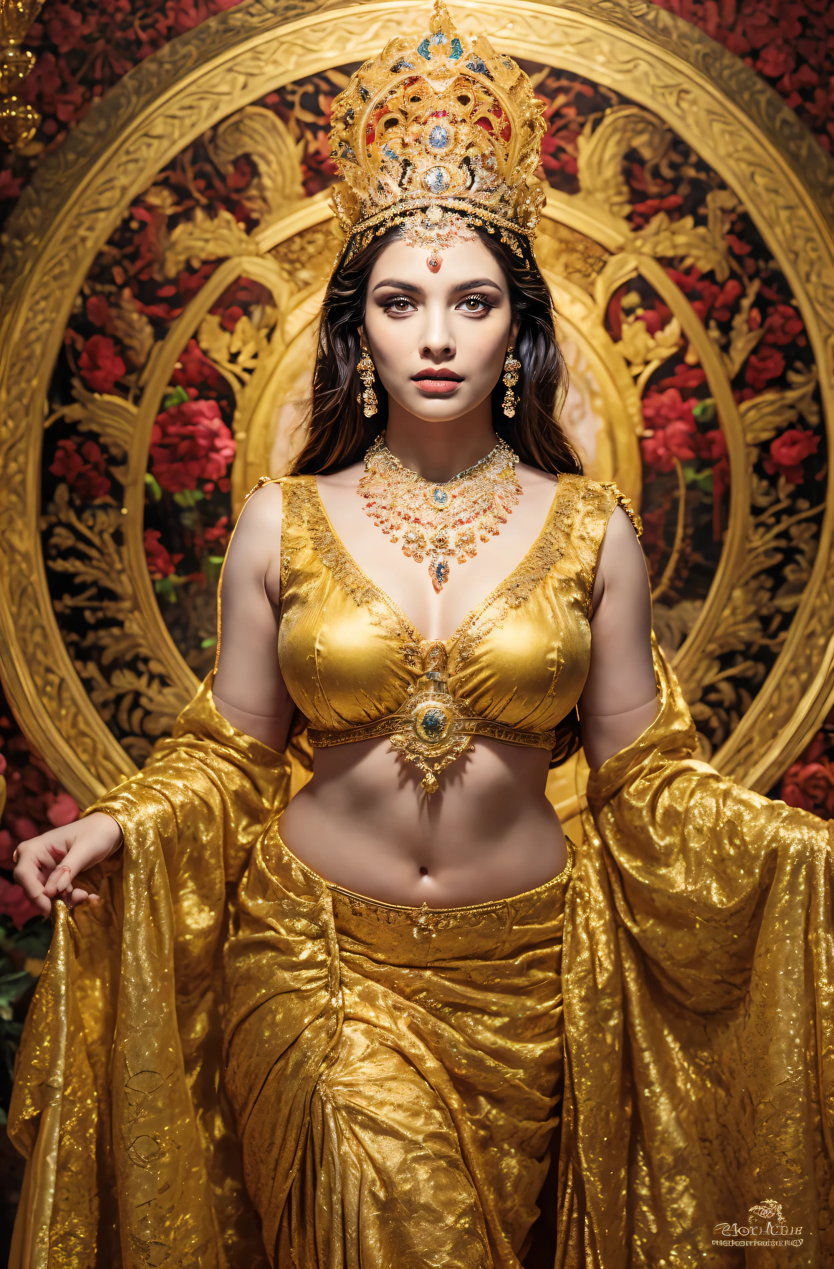 high-resolution full body oil painting of a beautiful Indian princess, sitting by a fountain in an opulent palace, cleavage, full body Mughal tattoos, very high detail, teal silk, gold jewelry, Mughal, peacock feathers, by gaston bussiere, greg rutkowski, yoji shinkawa
