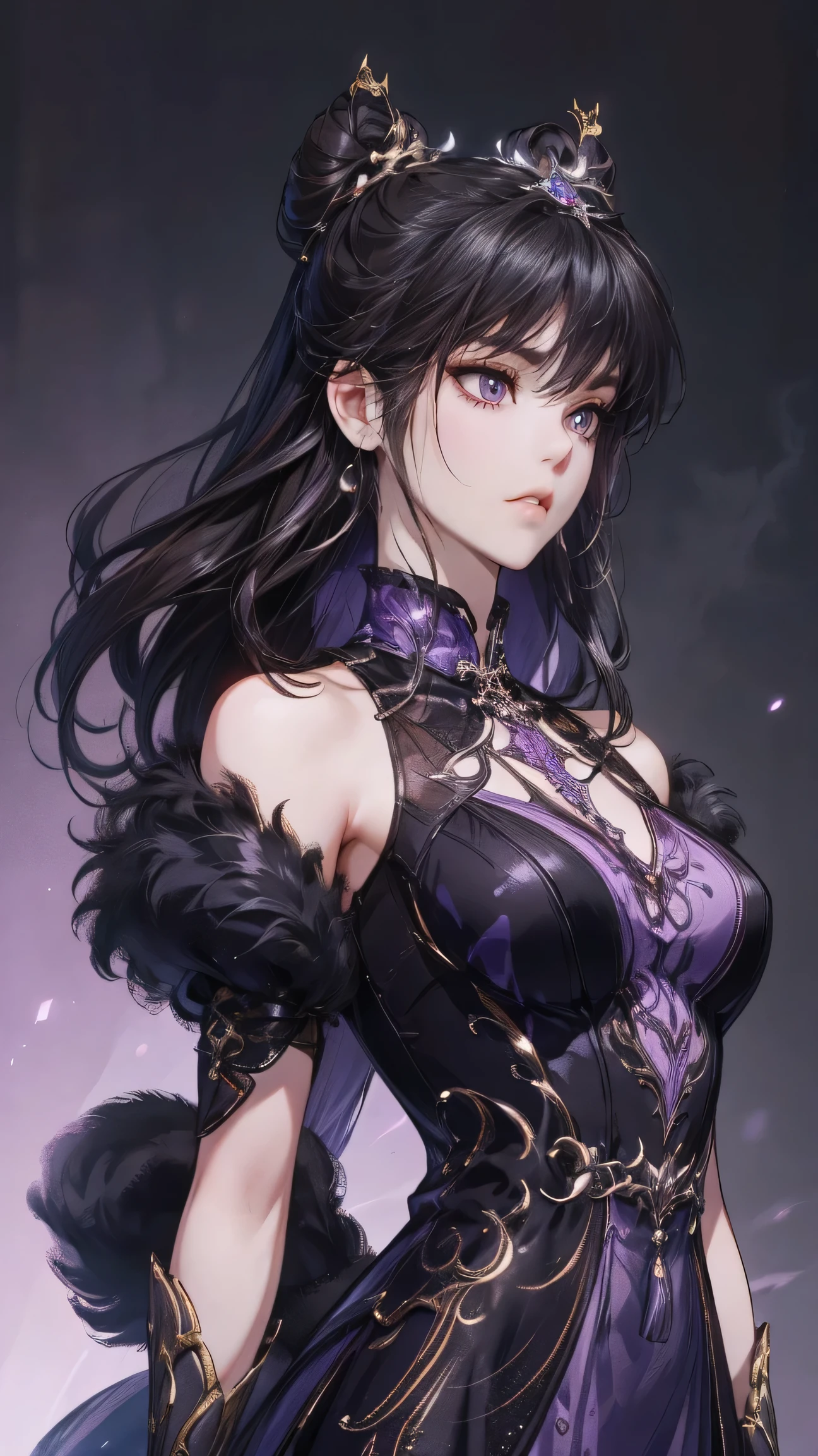 Masterpiece , best quality, 1 Xiao Wu , Face Color Looks Cool , Strong, Golden Left Eye , Red Right Eye , Long hair, Black hair, Firm Eyes , Simple Uniform , Black Long Earrings , Chinese , Front, back, left, right Photo , simple background, purple Background , Anime, illustration, Full body , bun hair , black fluffy animal coat on shoulders , tiny girl , head shot , big breasts , purple eyes , short , detail dress , full purple background