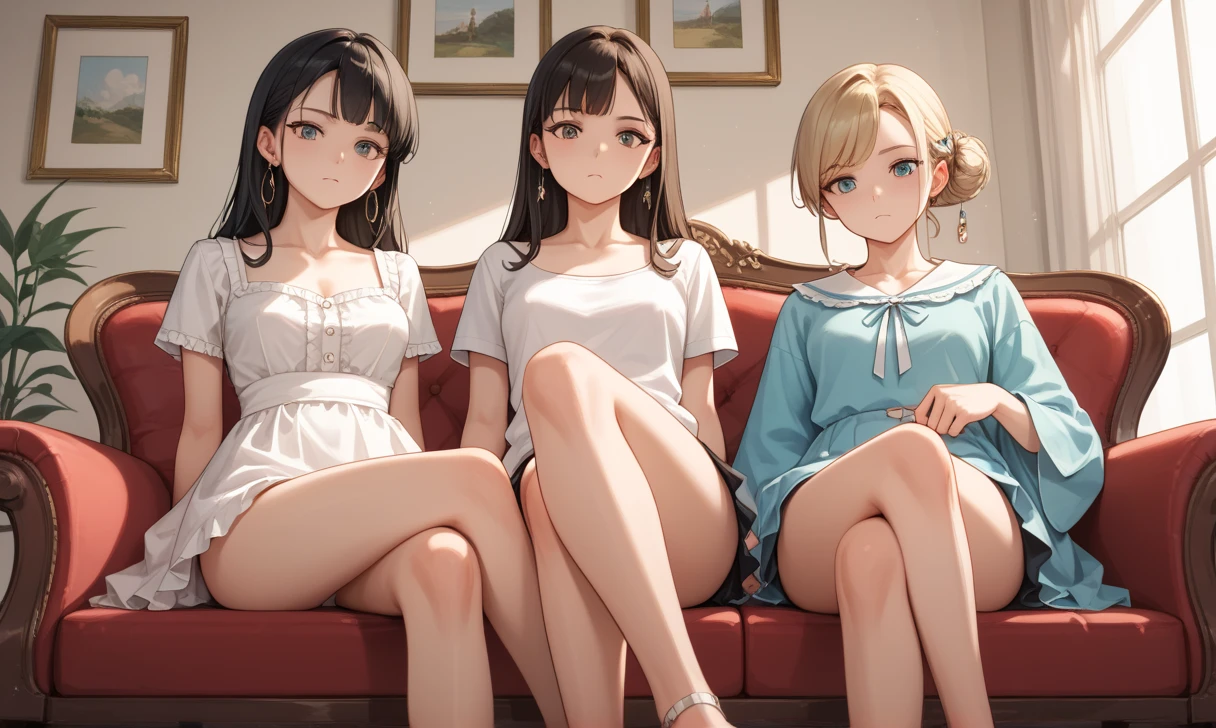 Several women in white school uniform in sexy poses, harem, cushions, lots of light